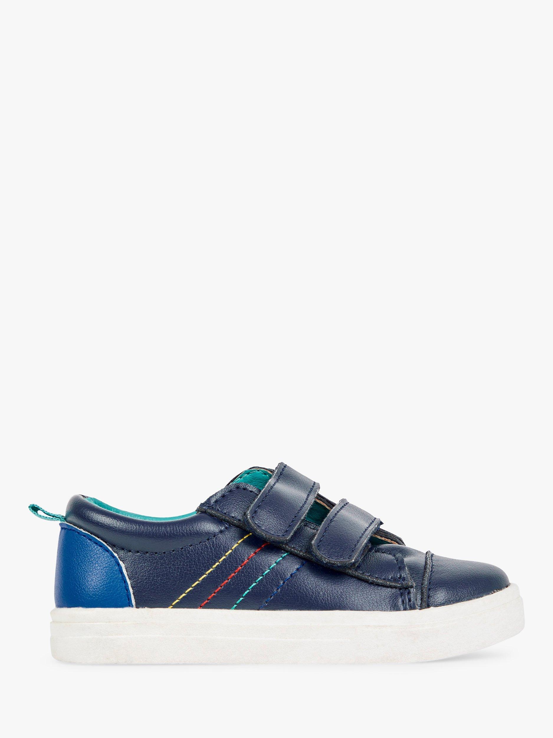 Product image 1 of 4, which shows JoJo Maman Bébé Kids' Leather Stitch Riptape Trainers, Navy, 4 Jnr
