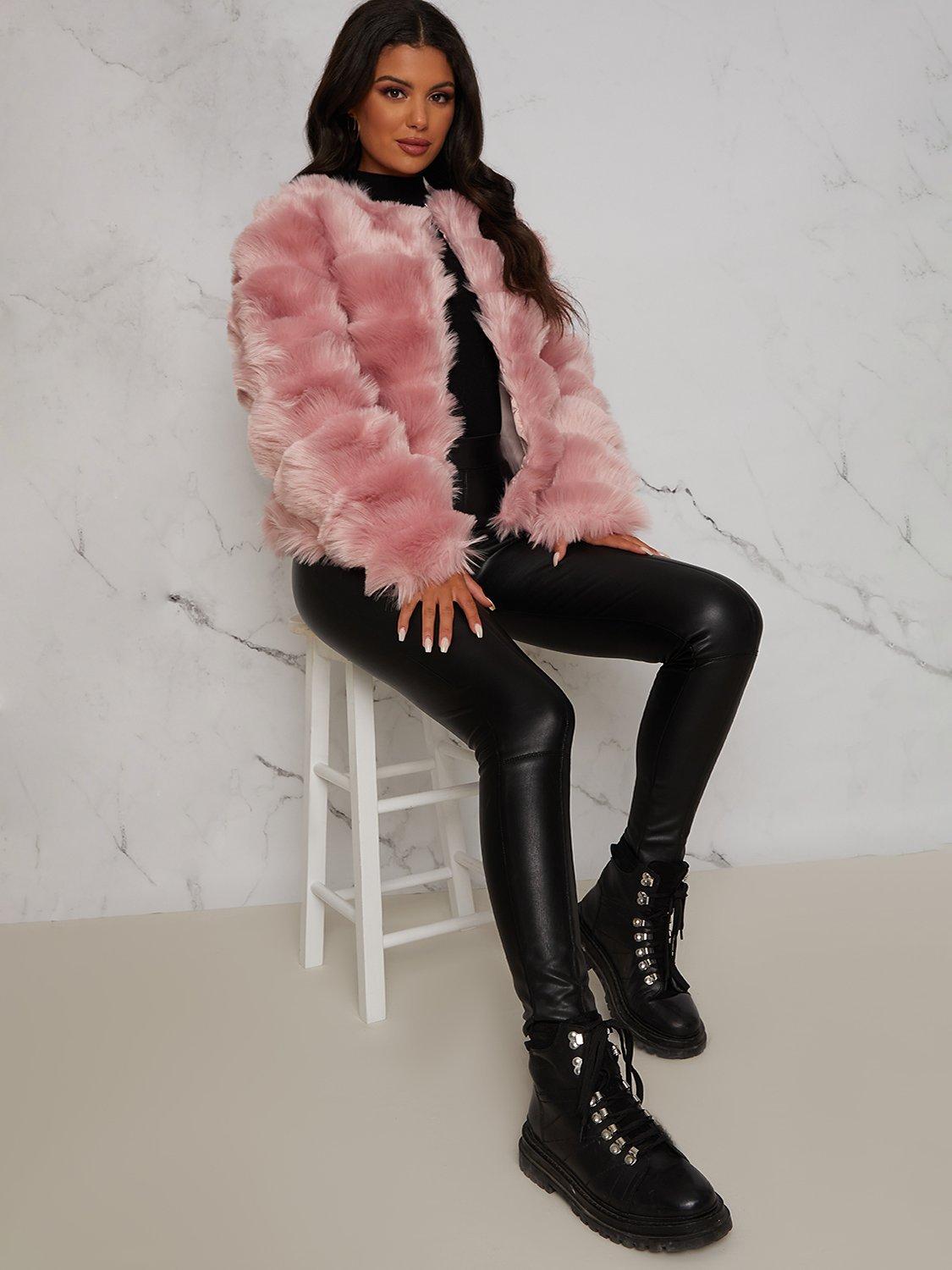 Product image 2 of 4, which shows Chi Chi London Stripe Textured Faux Fur Jacket, Pink, 6
