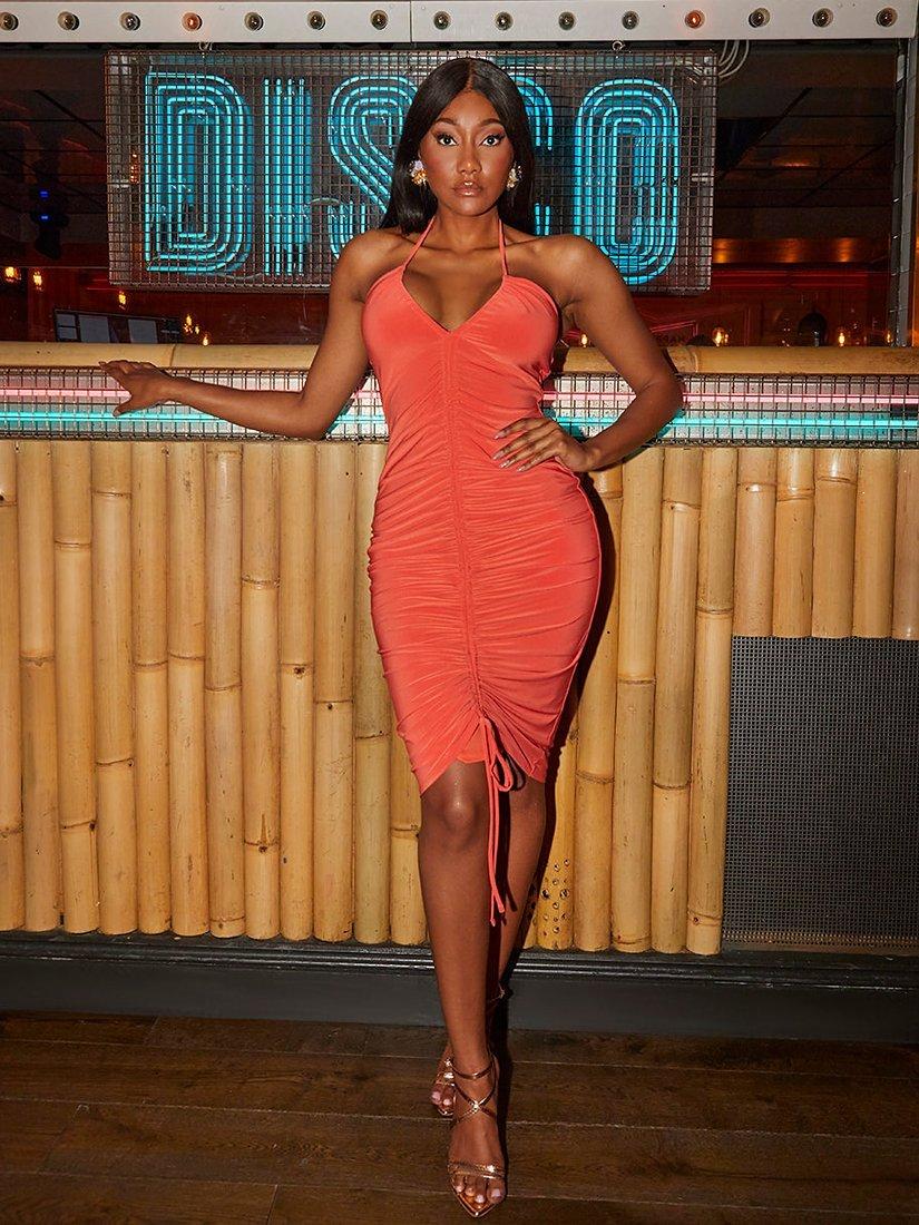 Chi Chi London Ruched Bodycon Dress Orange