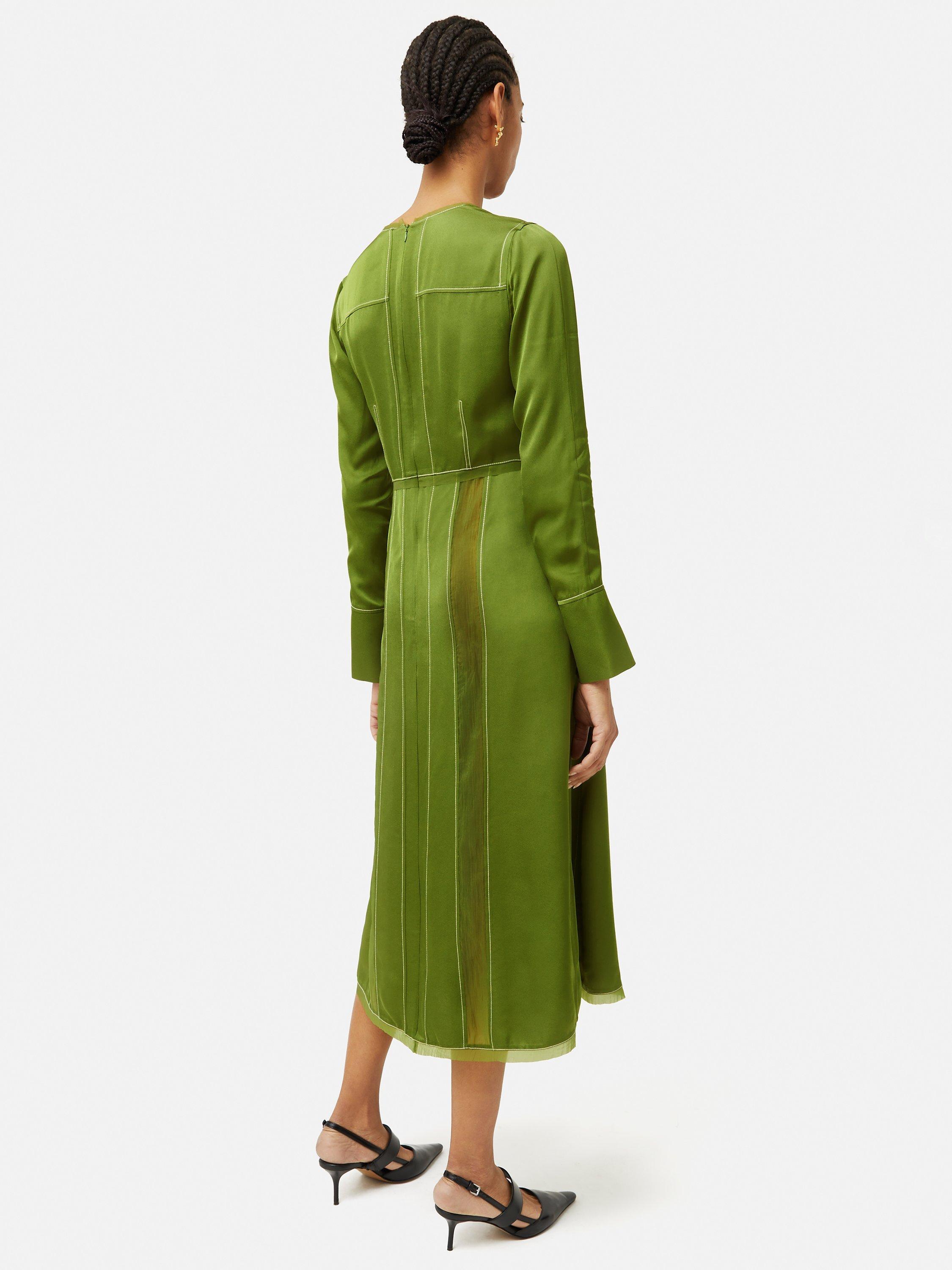 Jigsaw Contrast Stitch Sheer Panel Midi Dress Green