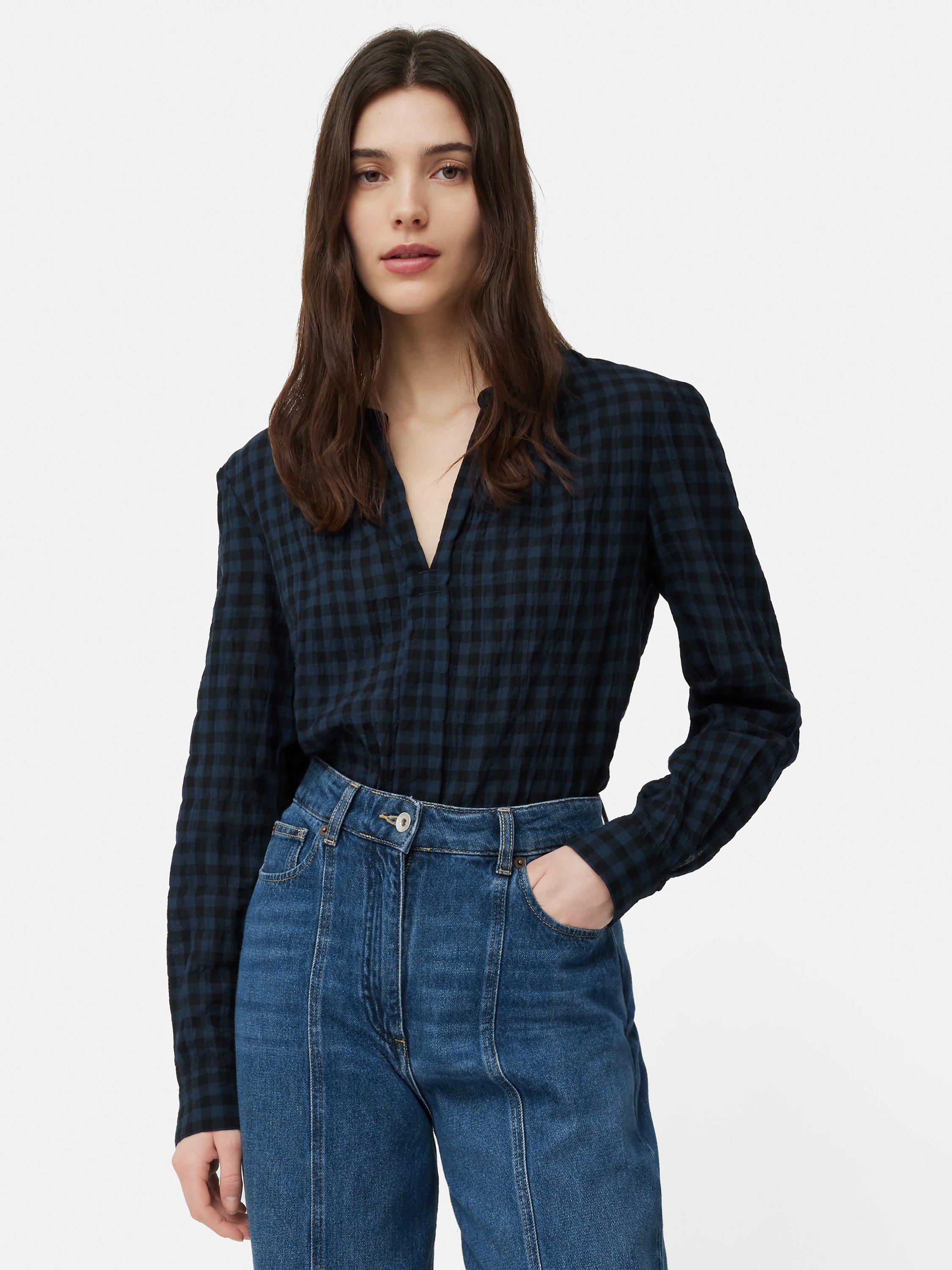 Jigsaw Checked Tunic Blouse, Navy