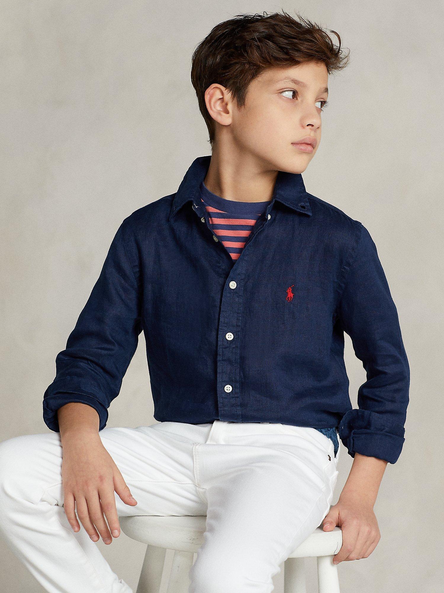 Ralph Lauren Kids' Linen Signature Logo Sport Shirt, Blue Navy