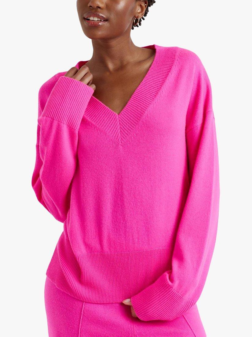 Product image 1 of 3, which shows Chinti & Parker Cashmere Blend V-Neck Jumper, Hot Pink, XS