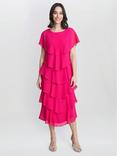 Gina Bacconi Tessa Tiered Shoulder Trim Midi Dress, Fuchsia