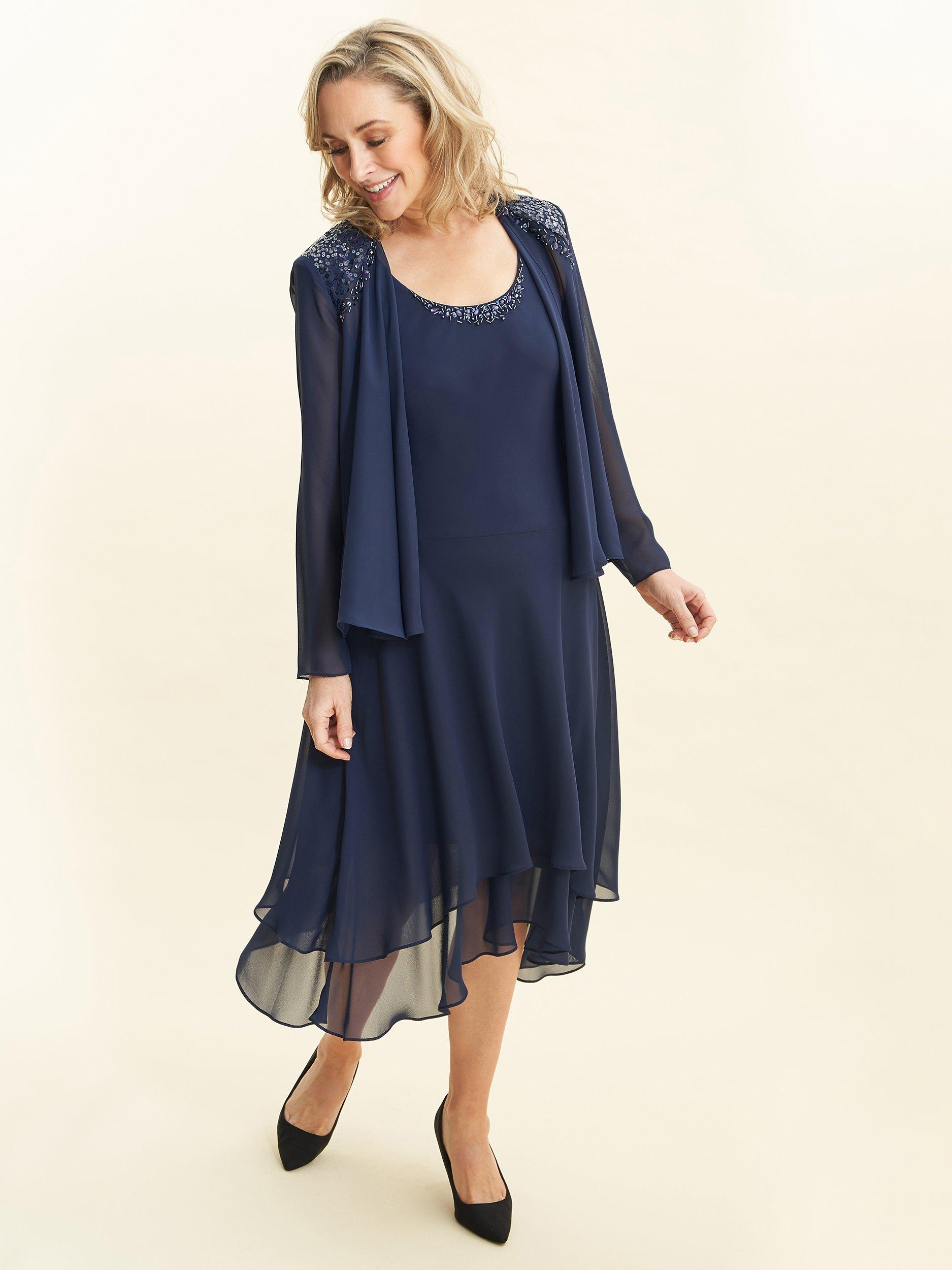 Product image 1 of 6, which shows Gina Bacconi Lilibeth Sequin Beaded Shoulder Jacket Dress, Spring Navy, 14