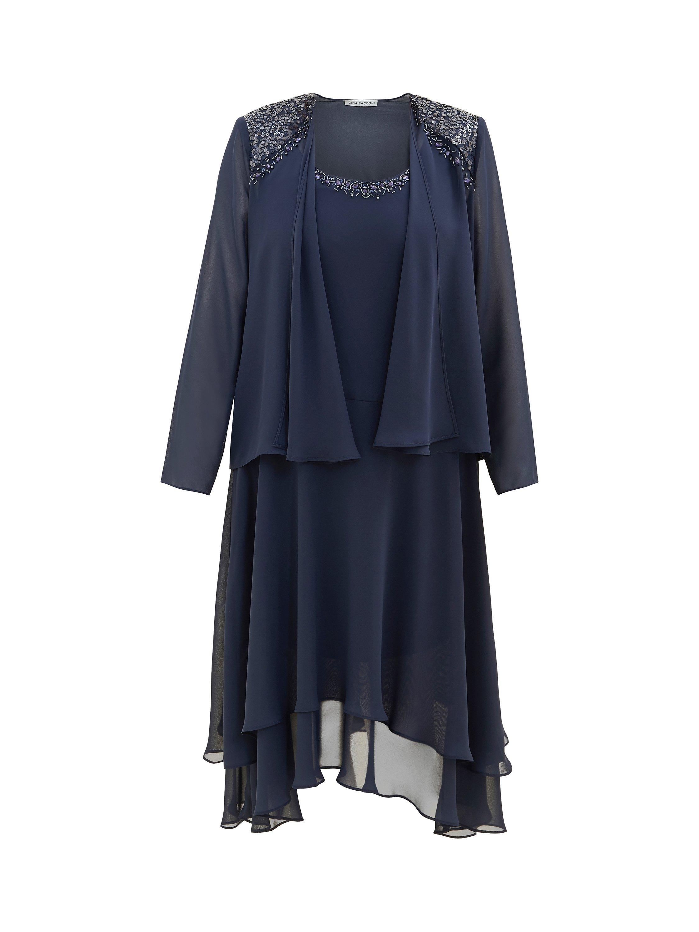 Product image 4 of 6, which shows Gina Bacconi Lilibeth Sequin Beaded Shoulder Jacket Dress, Spring Navy, 14