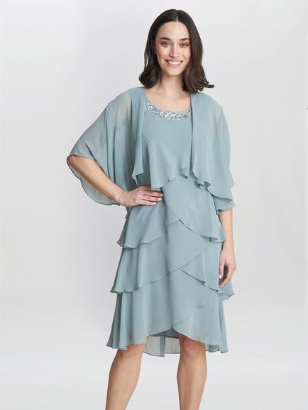 Gina Bacconi Toni Layered Scoop Neck Dress and Jacket, Sage