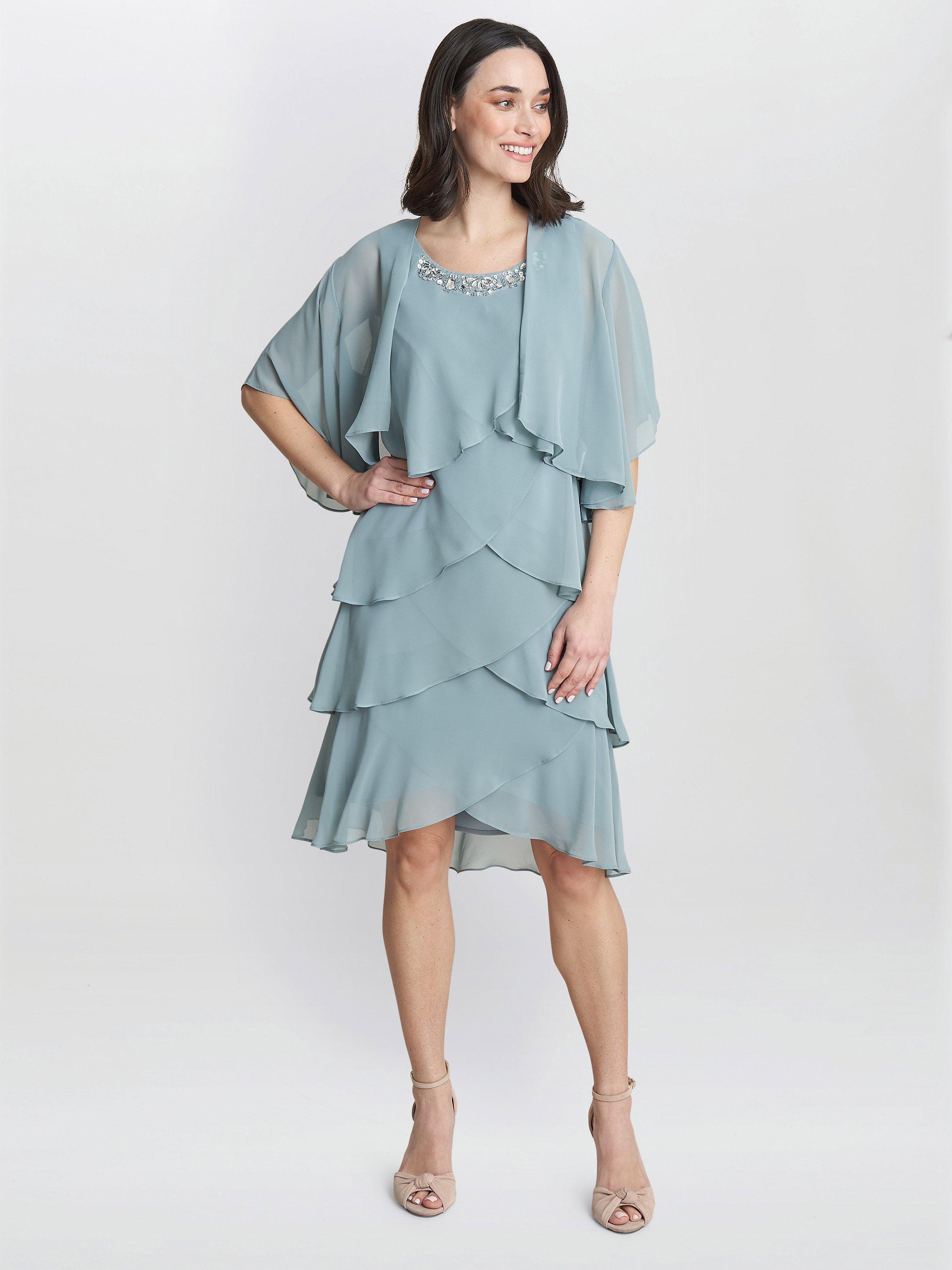 Product image 3 of 6, which shows Gina Bacconi Toni Layered Scoop Neck Dress and Jacket, Sage, 14