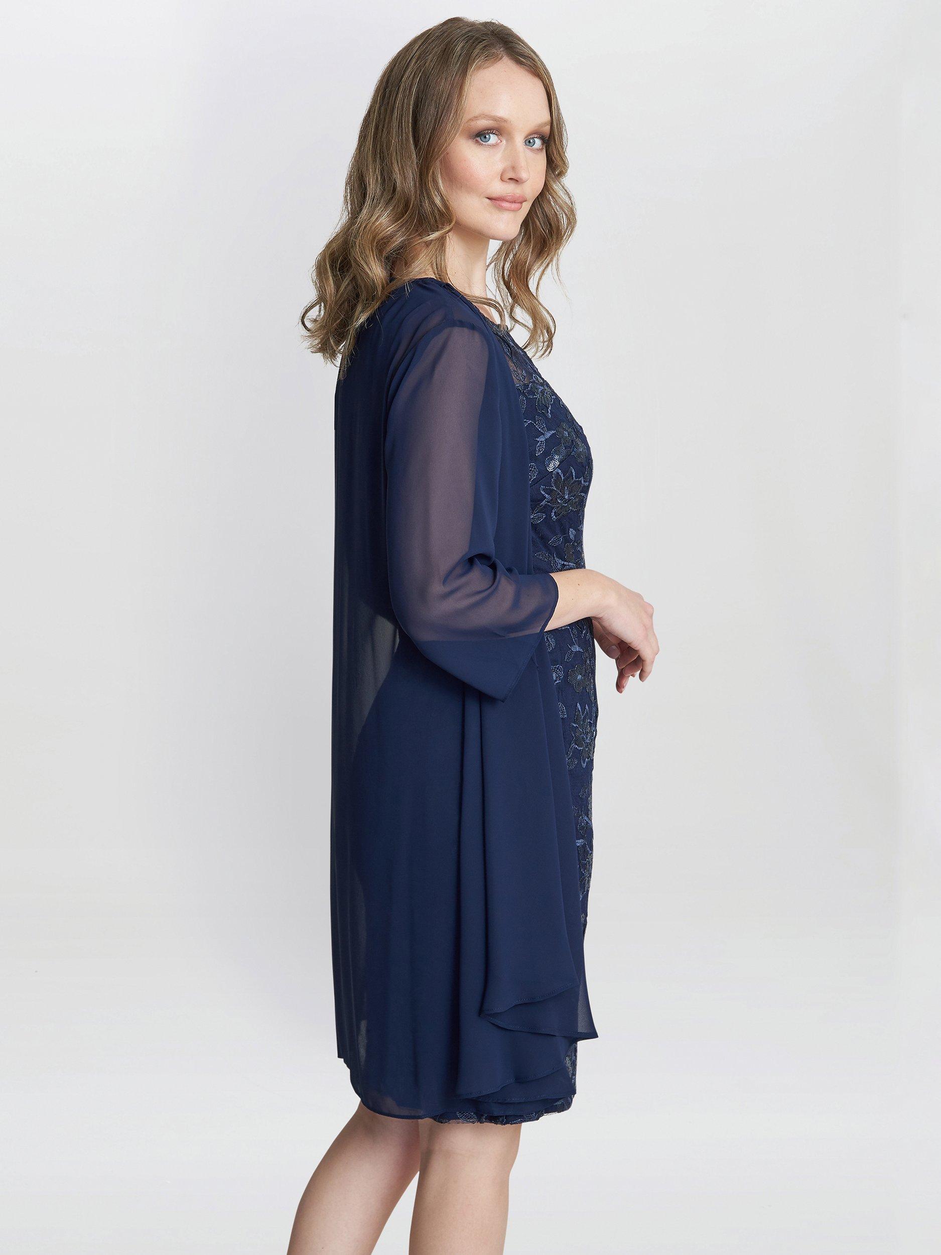 Product image 2 of 6, which shows Gina Bacconi Hayley Embroidered Dress with Chiffon Jacket, Spring Navy, 8