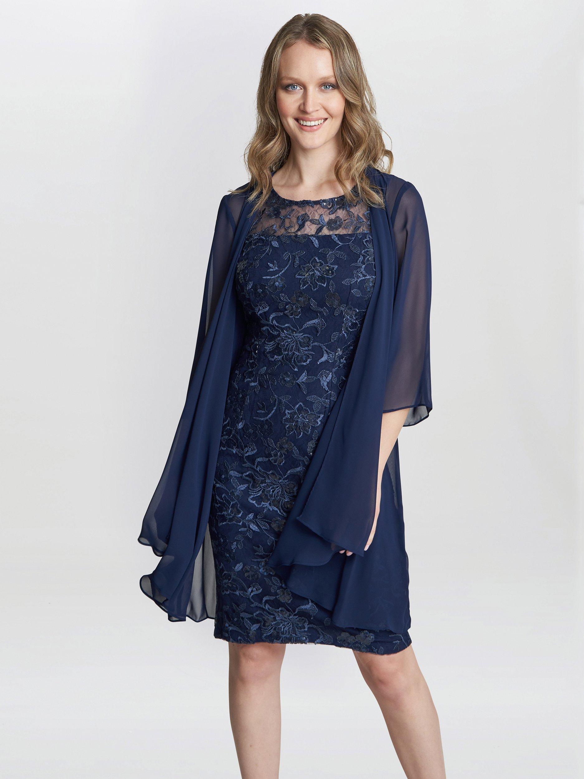 Product image 3 of 6, which shows Gina Bacconi Hayley Embroidered Dress with Chiffon Jacket, Spring Navy, 8