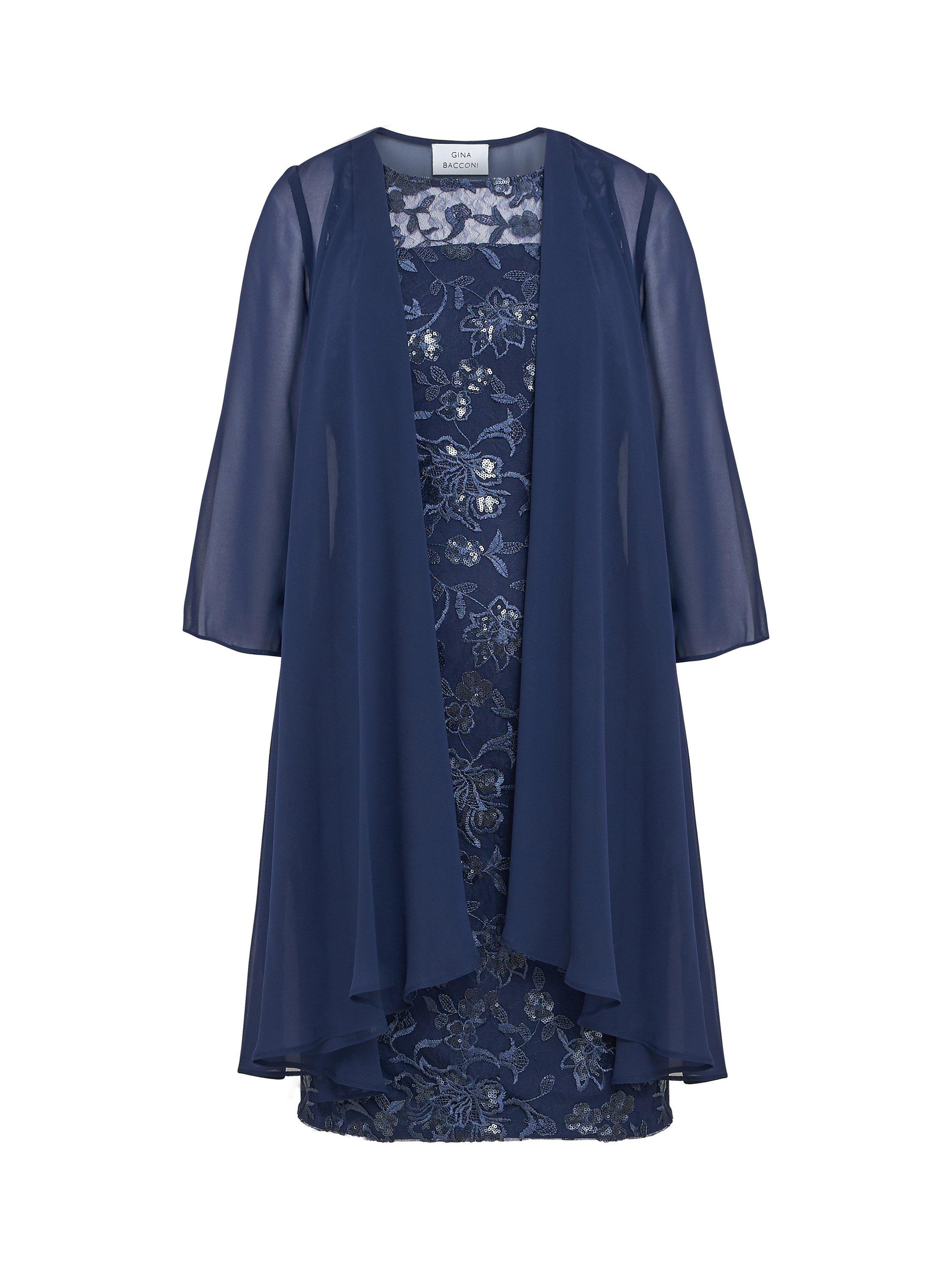 Product image 6 of 6, which shows Gina Bacconi Hayley Embroidered Dress with Chiffon Jacket, Spring Navy, 8