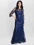 Gina Bacconi Jordana Beaded Illusion Sleeves Maxi Dress, Navy