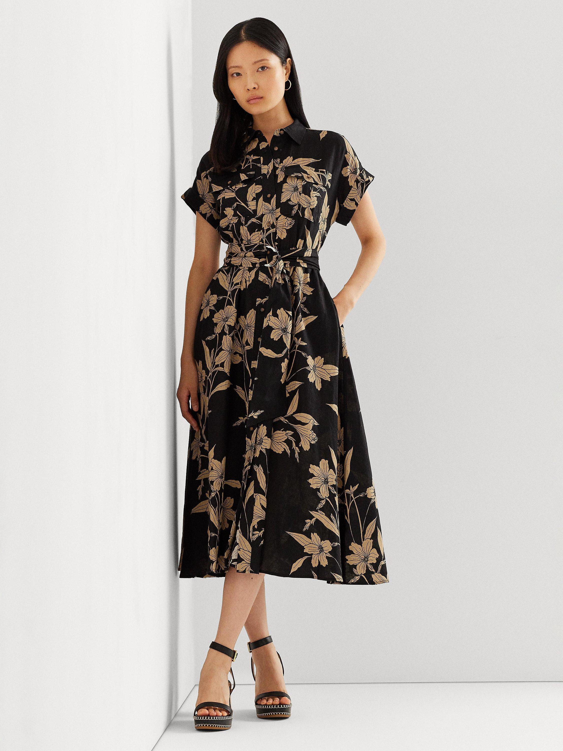 Lauren Ralph Lauren Wilisant Floral Print Linen Shirt Dress, Black/Tan