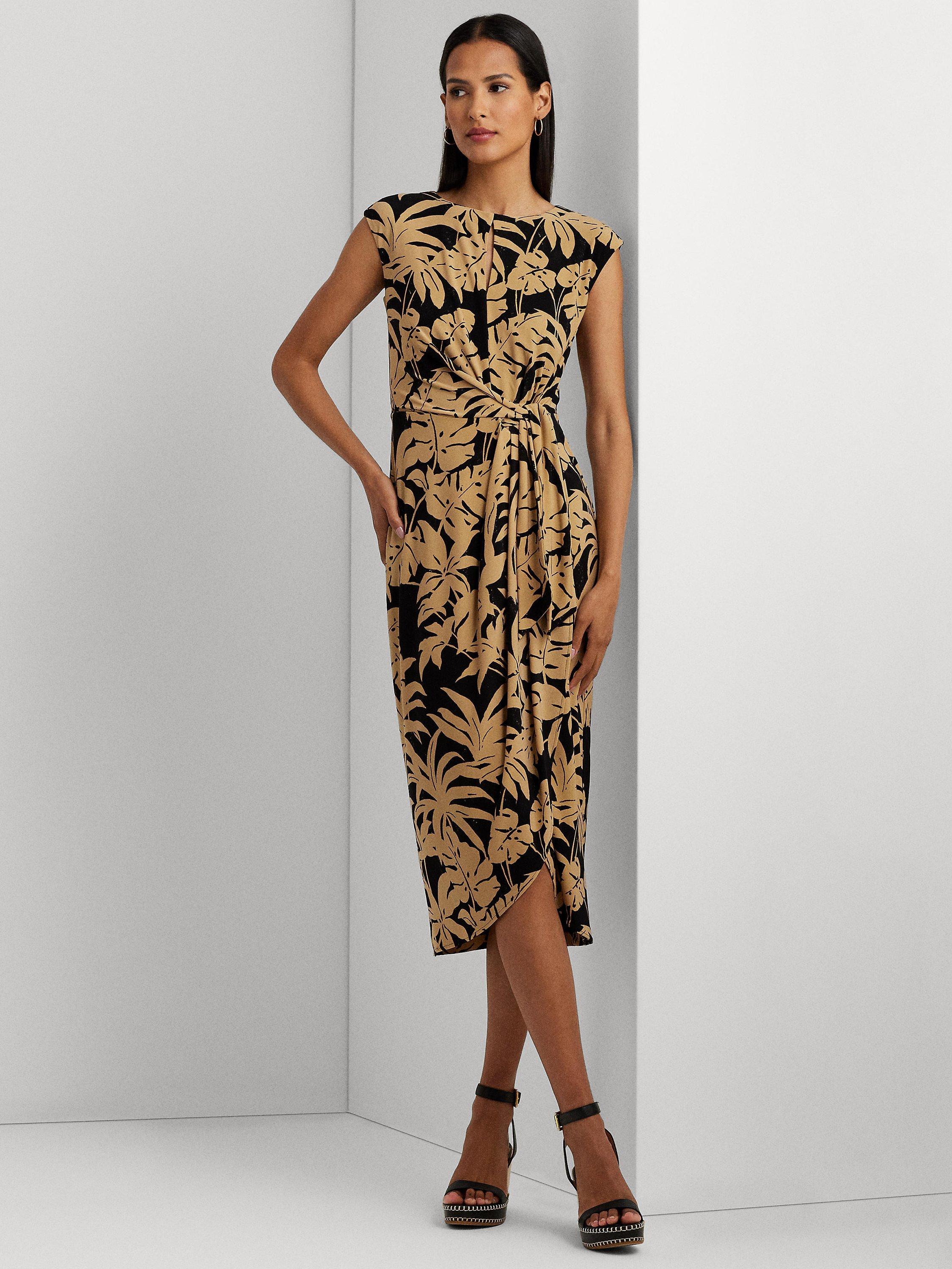 Lauren Ralph Lauren Reidly Palm Print Jersey Tie Front Midi Dress, Tan/Black