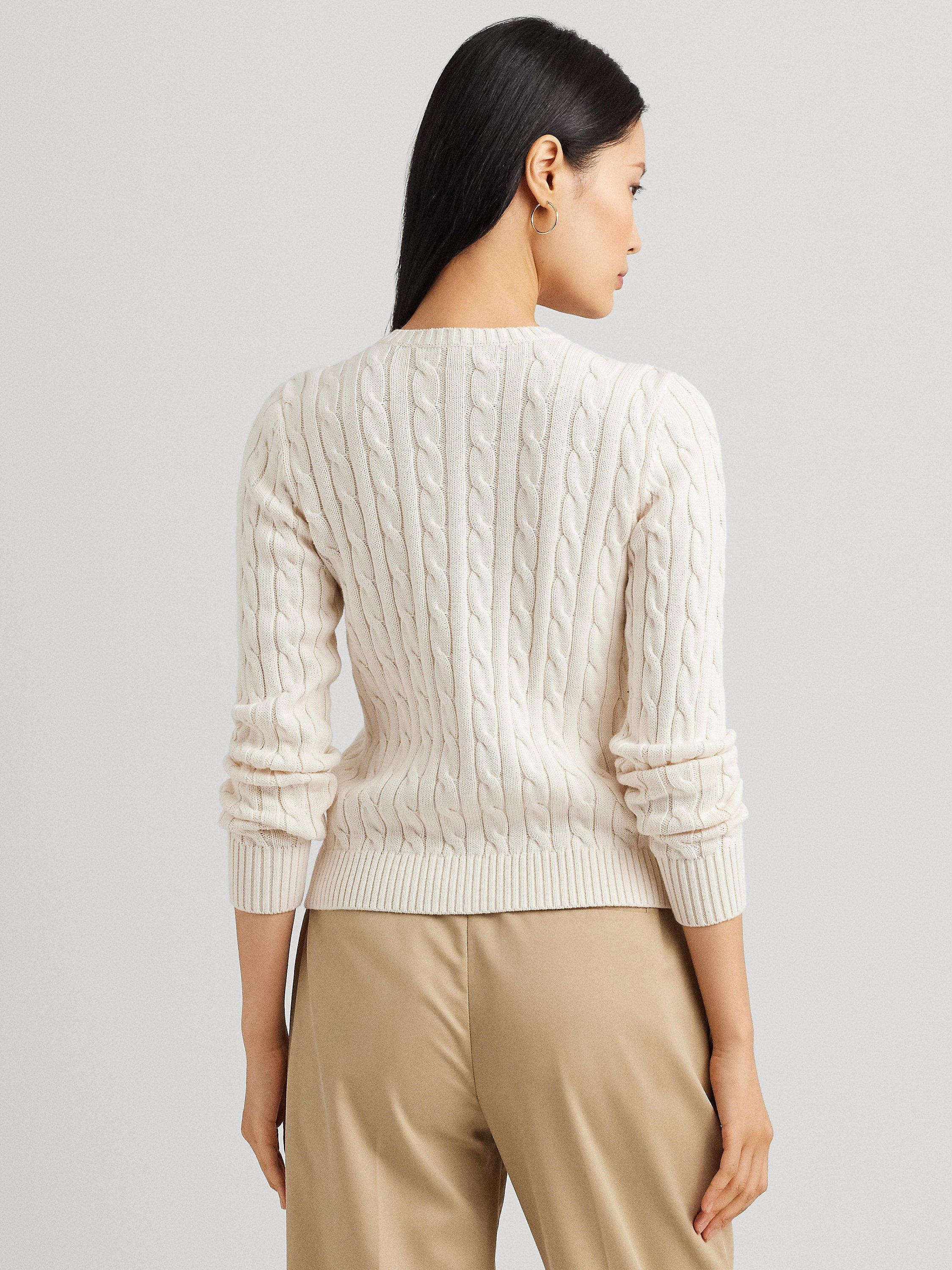 Product image 2 of 5, which shows Lauren Ralph Lauren Ralhan Cotton Cable Knit Cardigan, Mascarpone Cream, XS