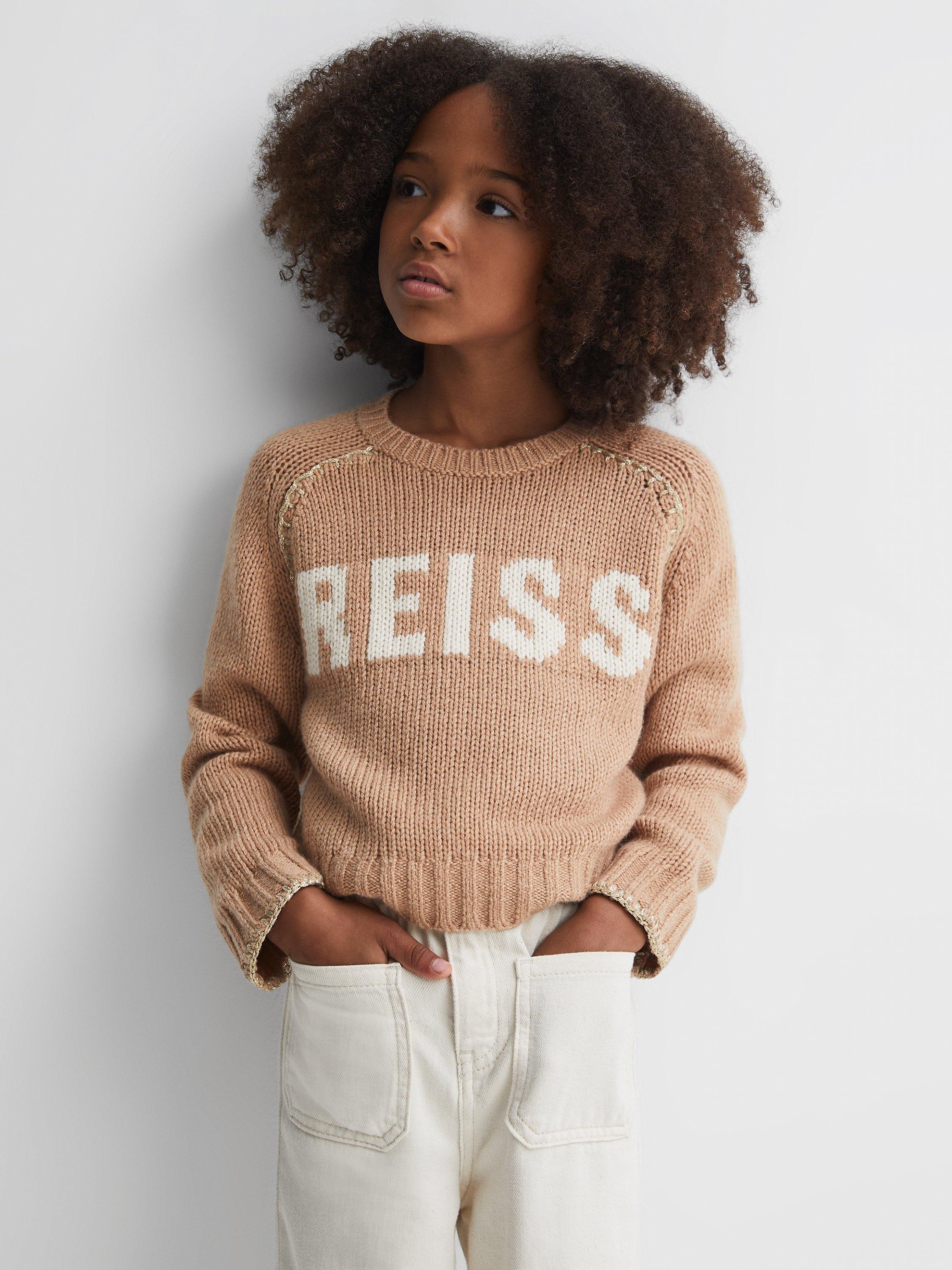 Reiss Kids' Emefa Logo Wool Blend Knit Jumper, Camel