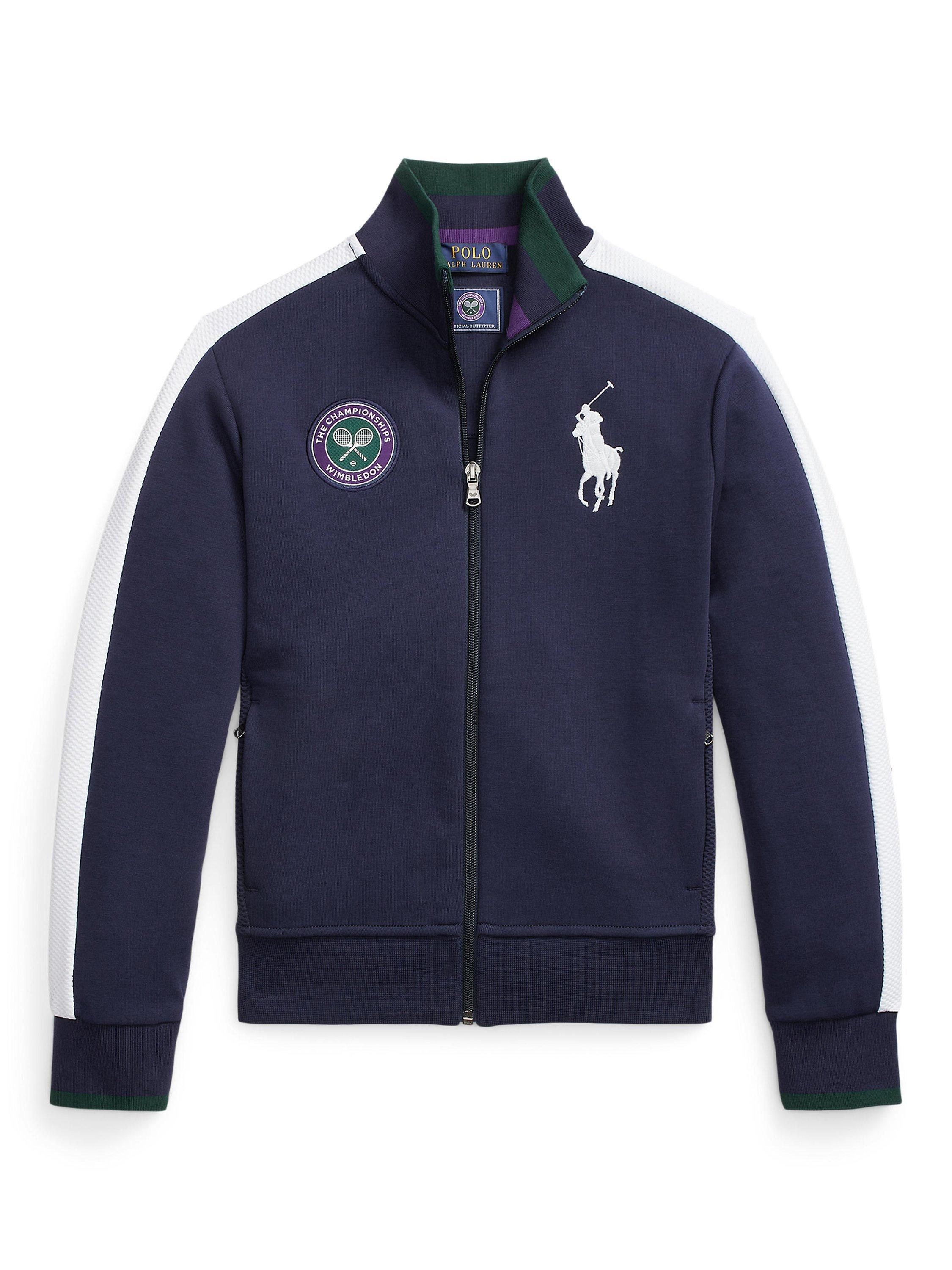 Product image 1 of 2, which shows Ralph Lauren Kids' Wimbledon Ballperson Double Knit Track Zip Through Jacket, Blue Navy, M