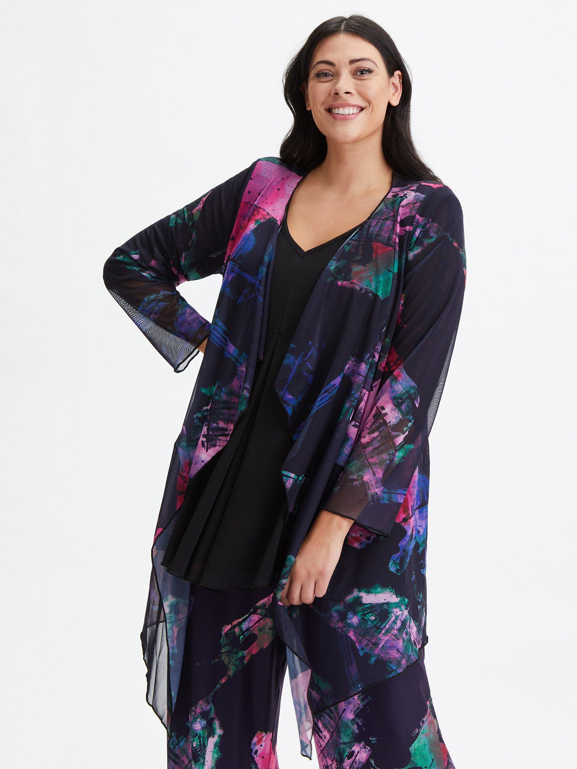 Scarlett & Jo Waterfall Midi Mesh Kimono, Navy/Pink