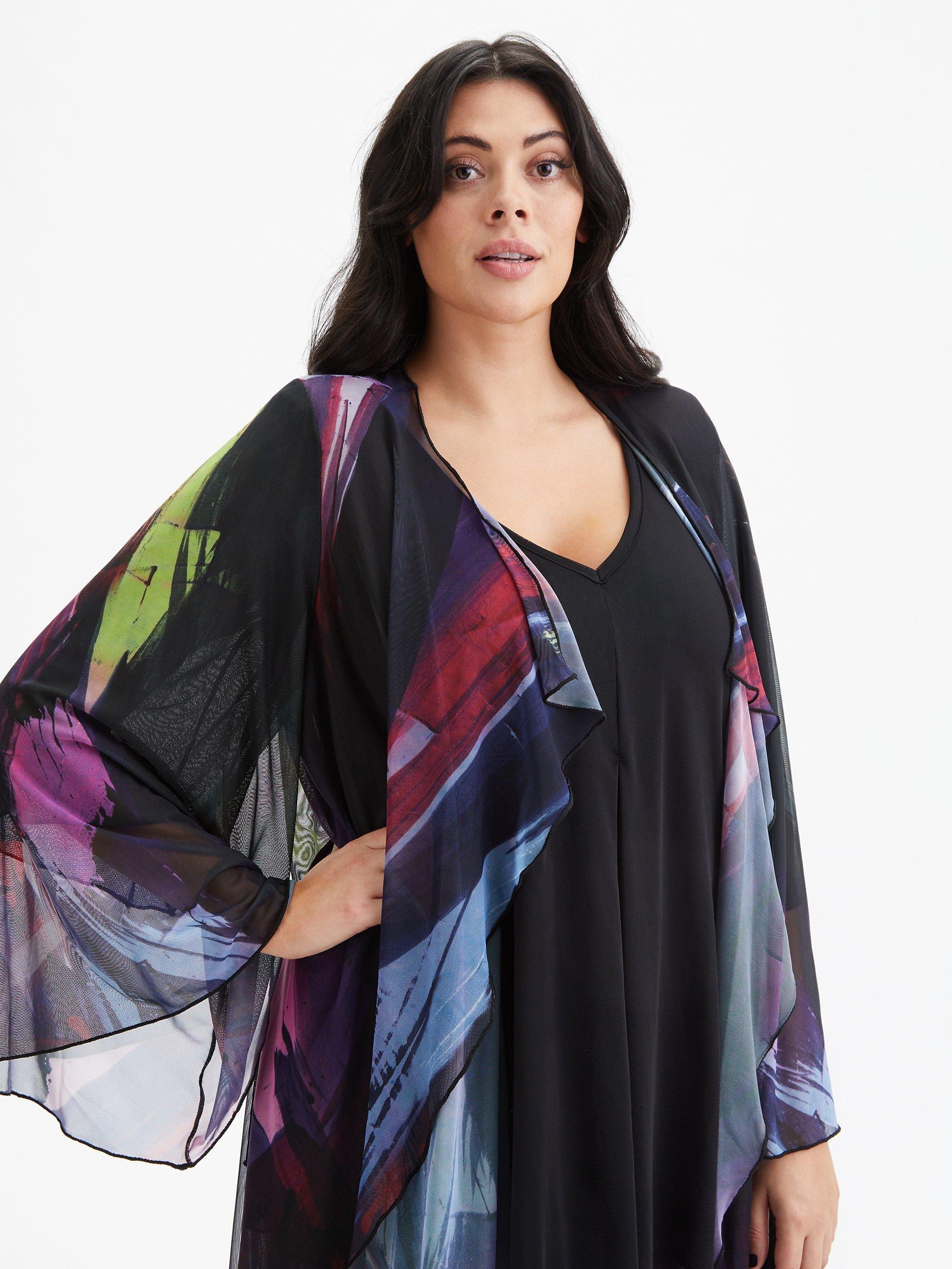 Scarlett & Jo Waterfall Layered Mesh Kimono, Black/Multi