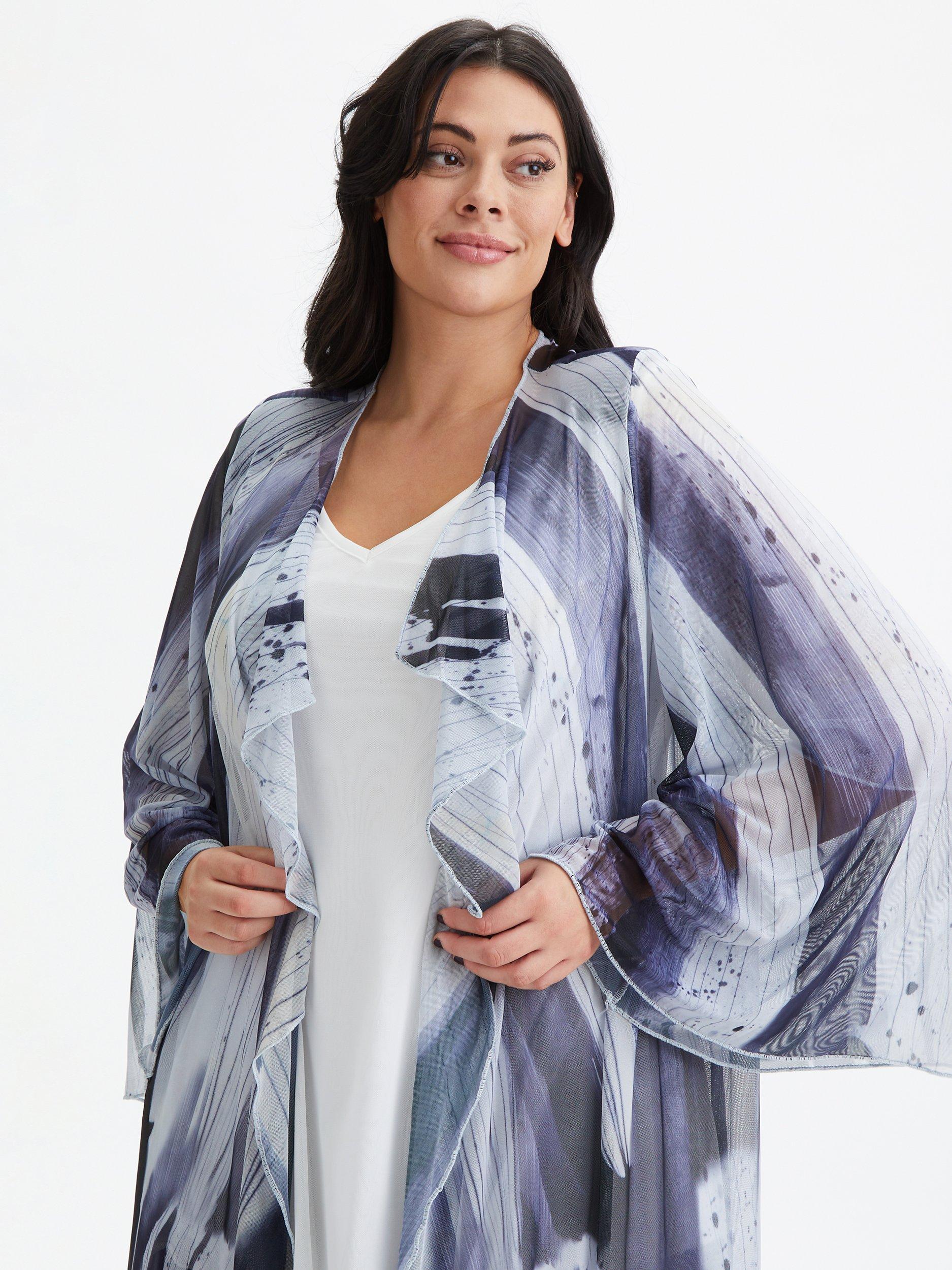Scarlett & Jo Waterfall Layered Mesh Kimono, Black/Grey/Ivory