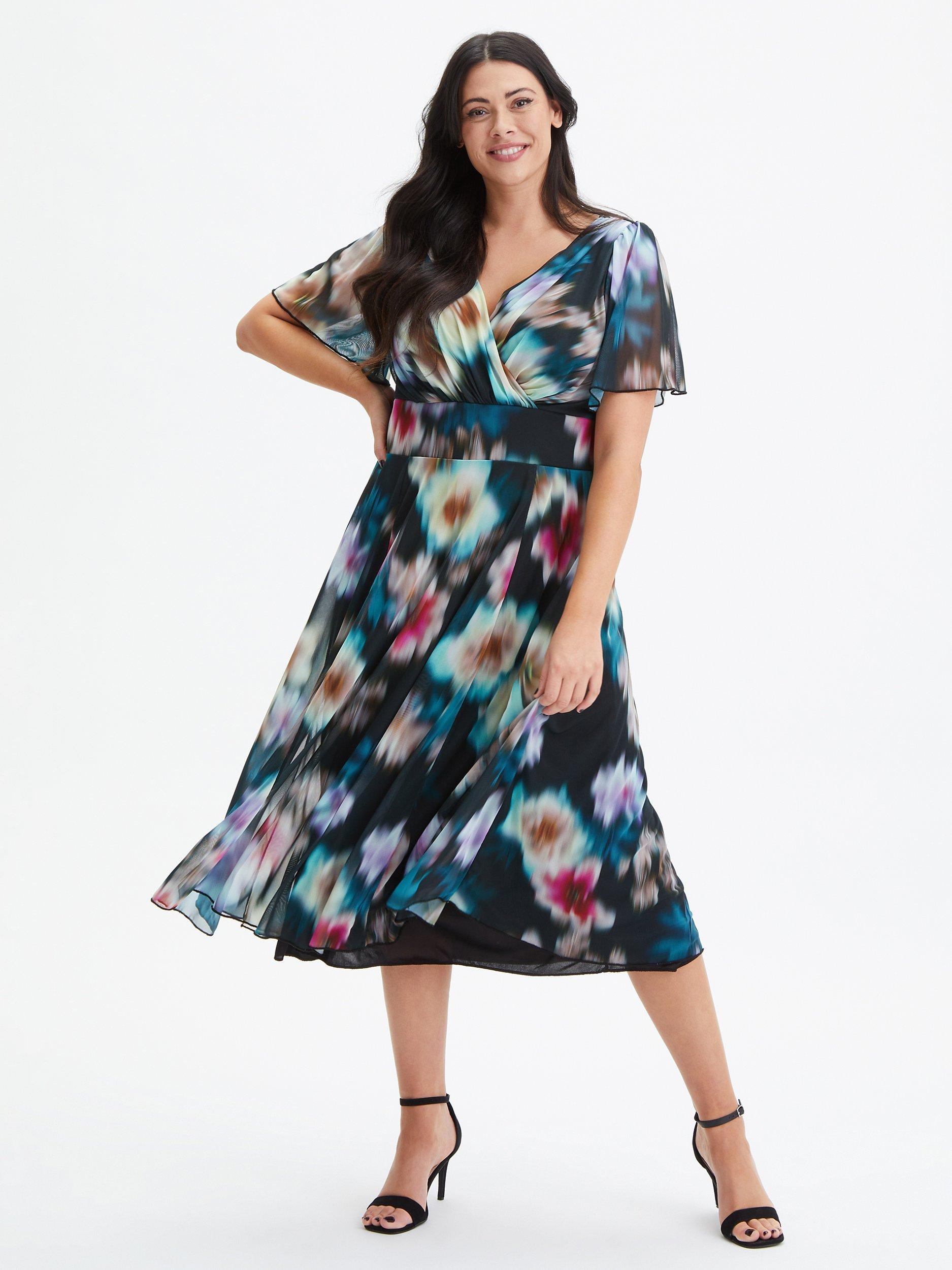Scarlett & Jo Victoria Angel Sleeve Mesh Midi Dress, Black Blur/Multi