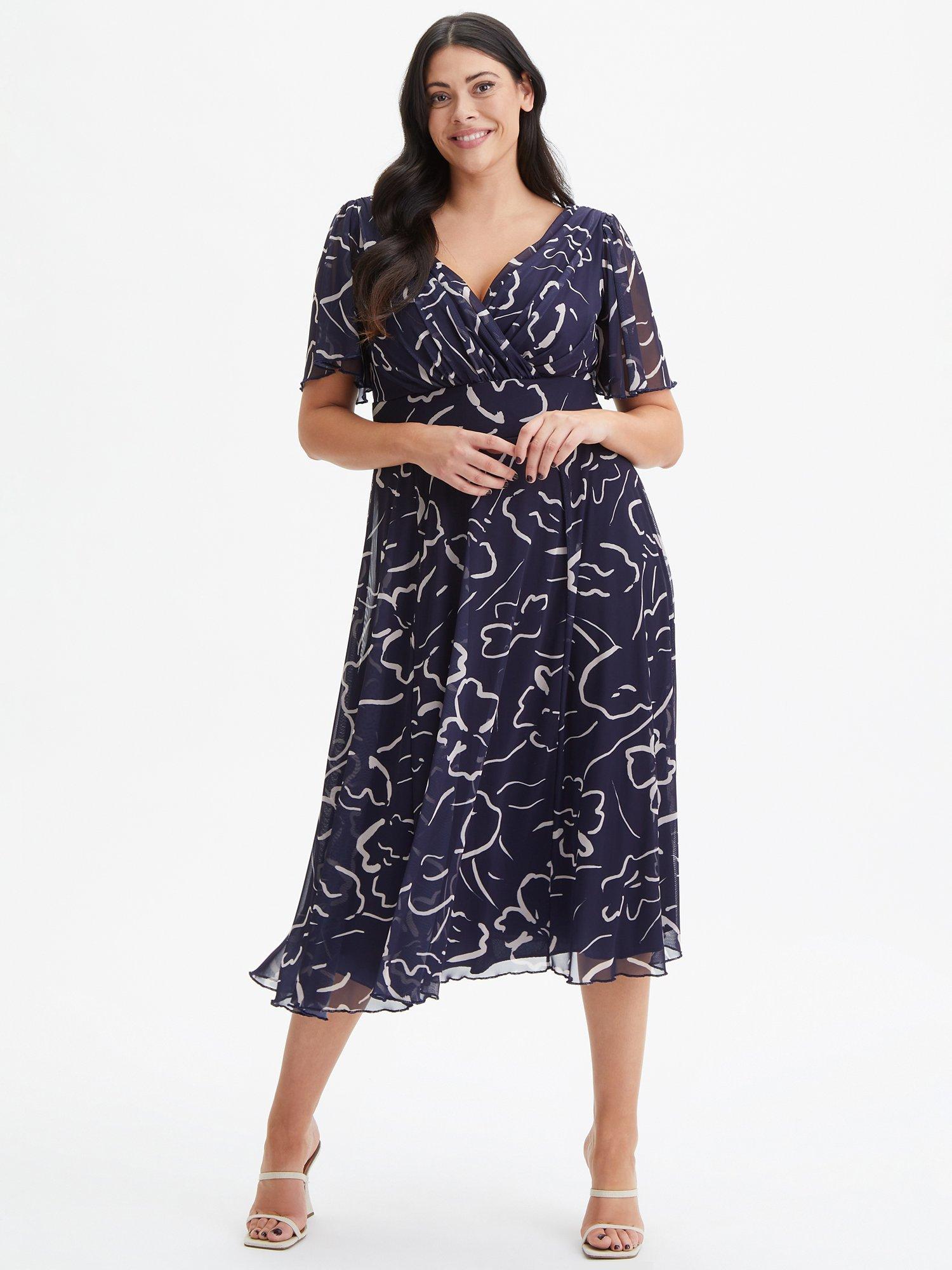 Product image 1 of 4, which shows Scarlett & Jo Victoria Angel Sleeve Mesh Midi Dress, Navy Ecru, 12