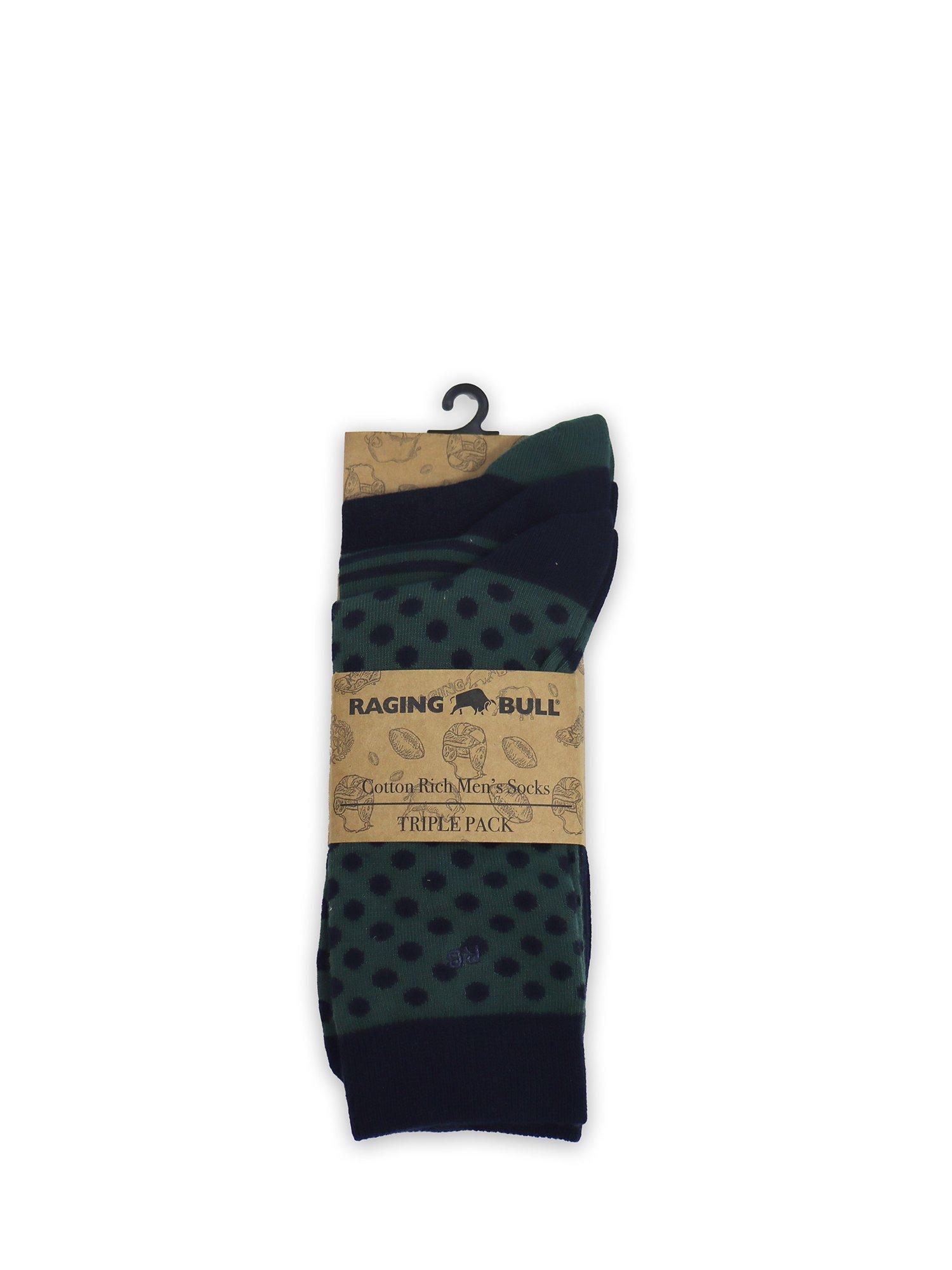 Product image 1 of 4, which shows Raging Bull Patterned Cotton Blend Socks, Pack of 3, Teal/Navy, 6-9
