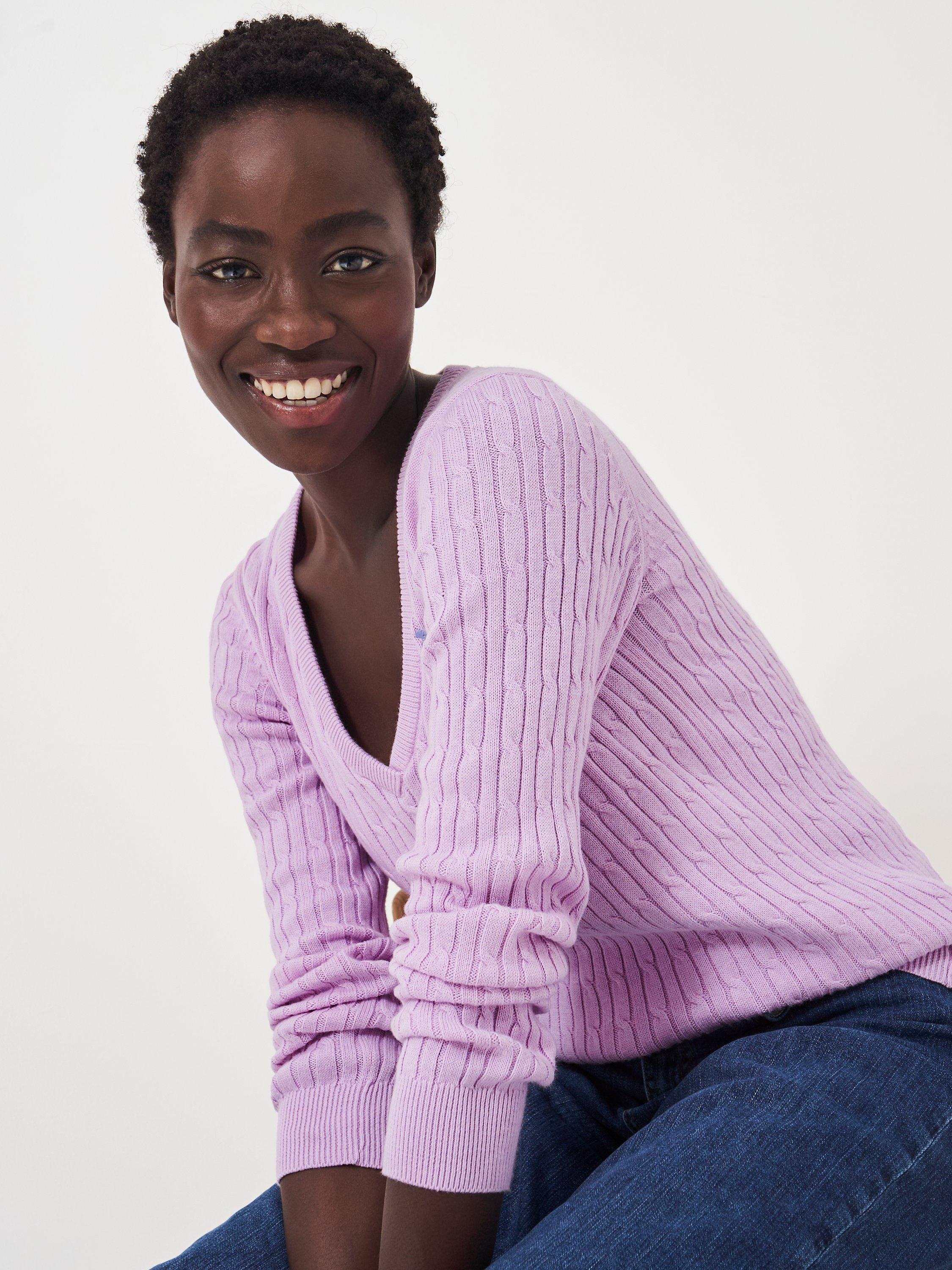 Crew Clothing Heritage Cable Knit V-Neck Jumper, Pastel Pink