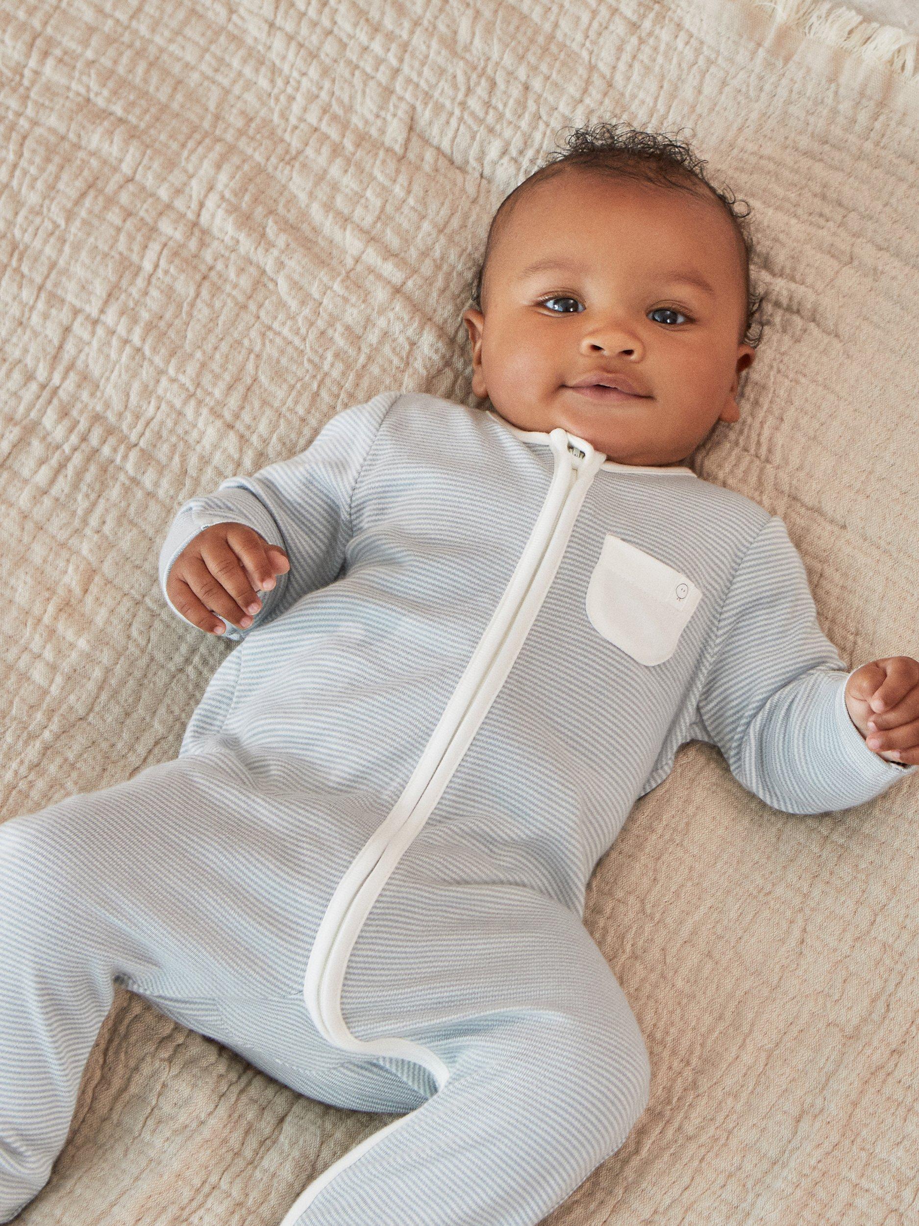 Product image 1 of 7, which shows MORI Baby Clever Zip Pocket Sleepsuit, Blue/Multi, Newborn