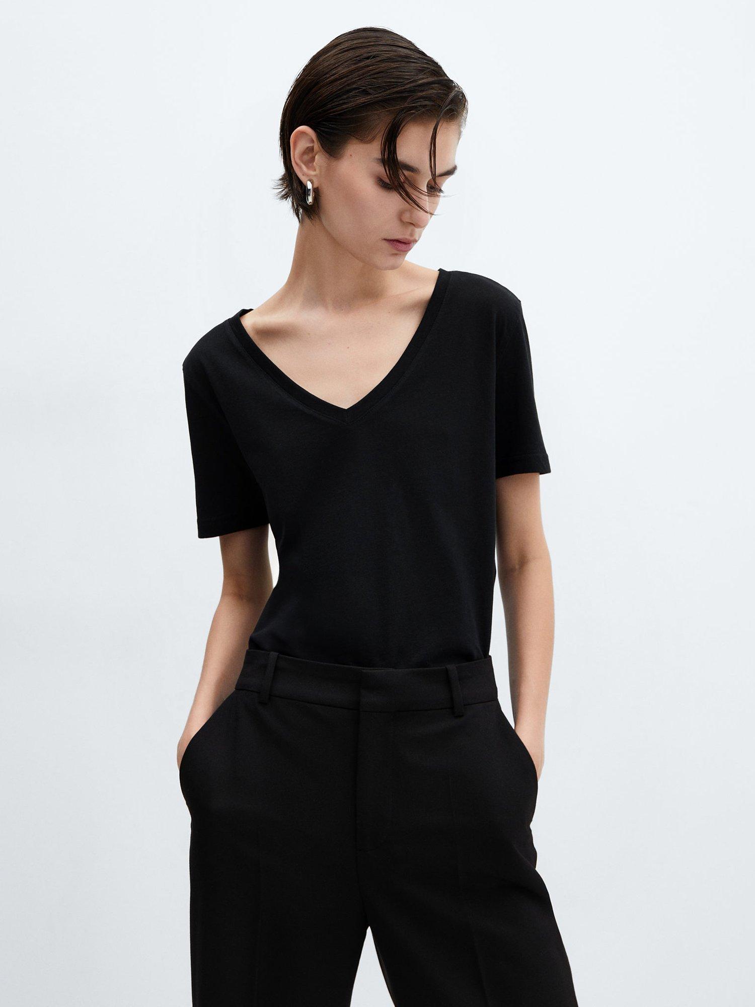 Mango Chalapi Cotton V-Neck T-Shirt, Black