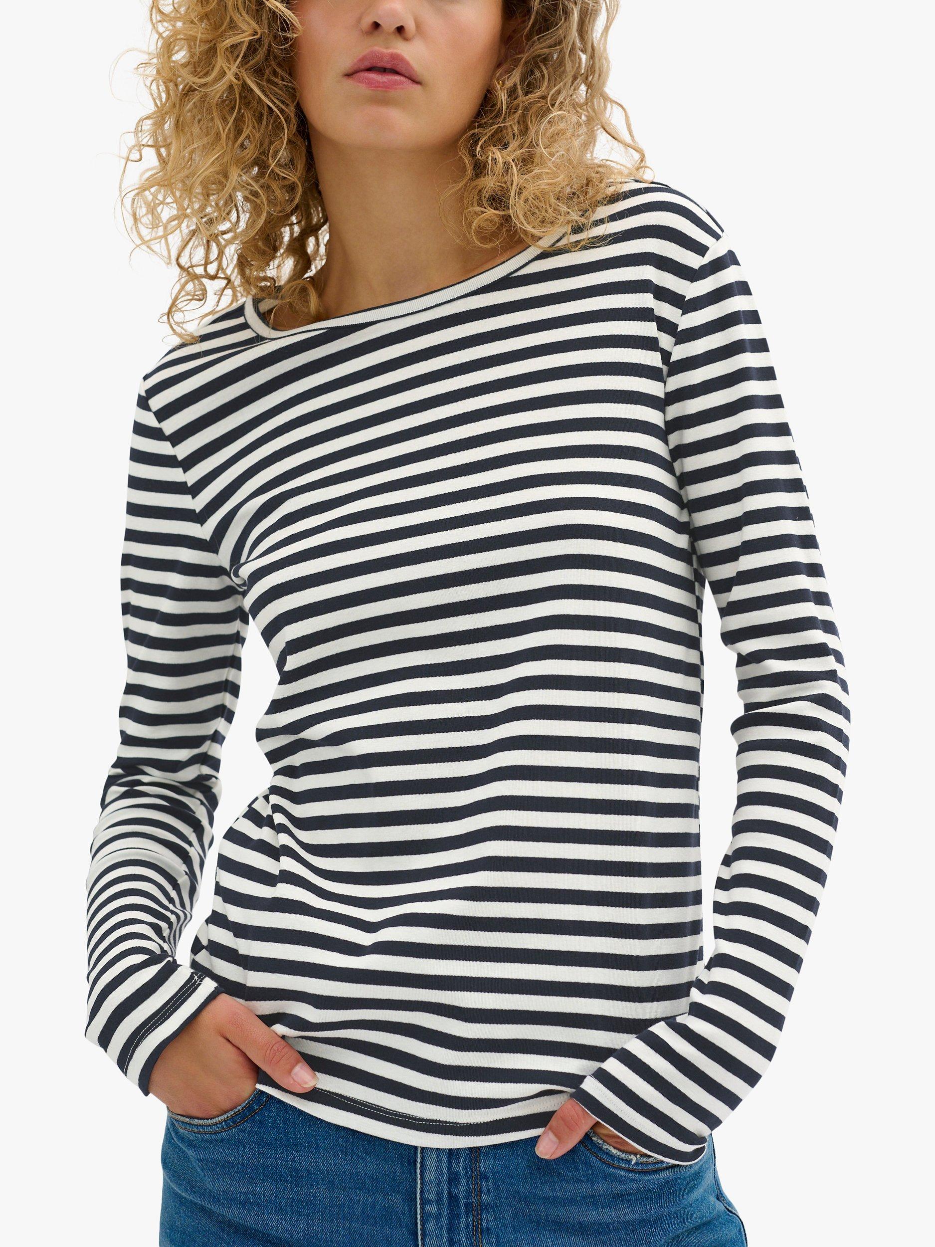 MY ESSENTIAL WARDROBE Dana Striped Long Sleeve Slim Fit T-Shirt, Navy/Off White
