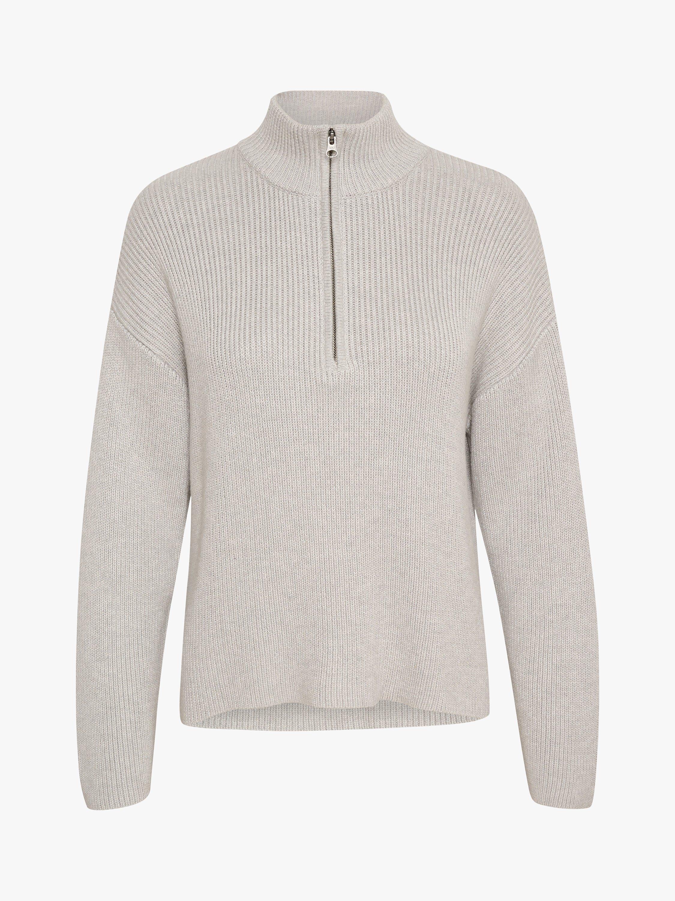 MY ESSENTIAL WARDROBE Ally Zip Neck Rib Knit Jumper, Light Grey Melange, M