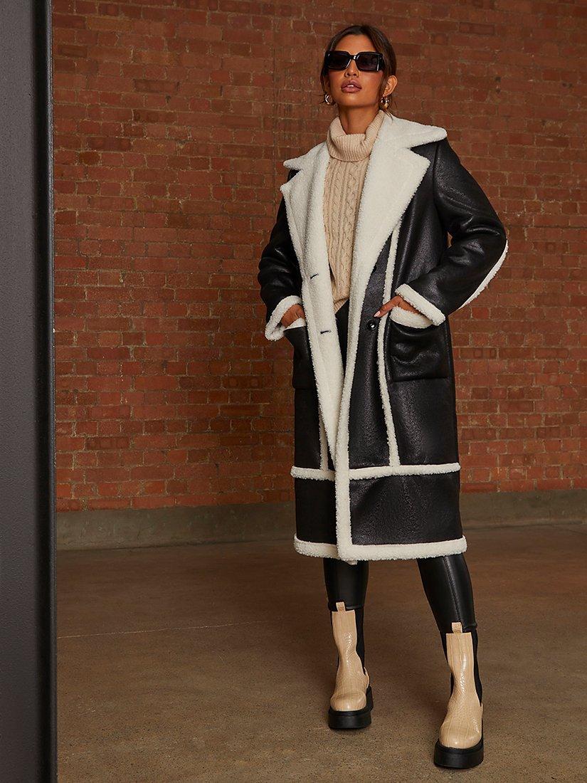 Product image 1 of 4, which shows Chi Chi London Contrast Shearling Coat, Black, 6