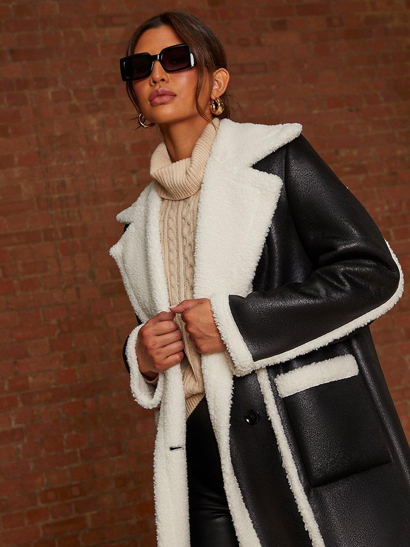 Product image 3 of 4, which shows Chi Chi London Contrast Shearling Coat, Black, 6