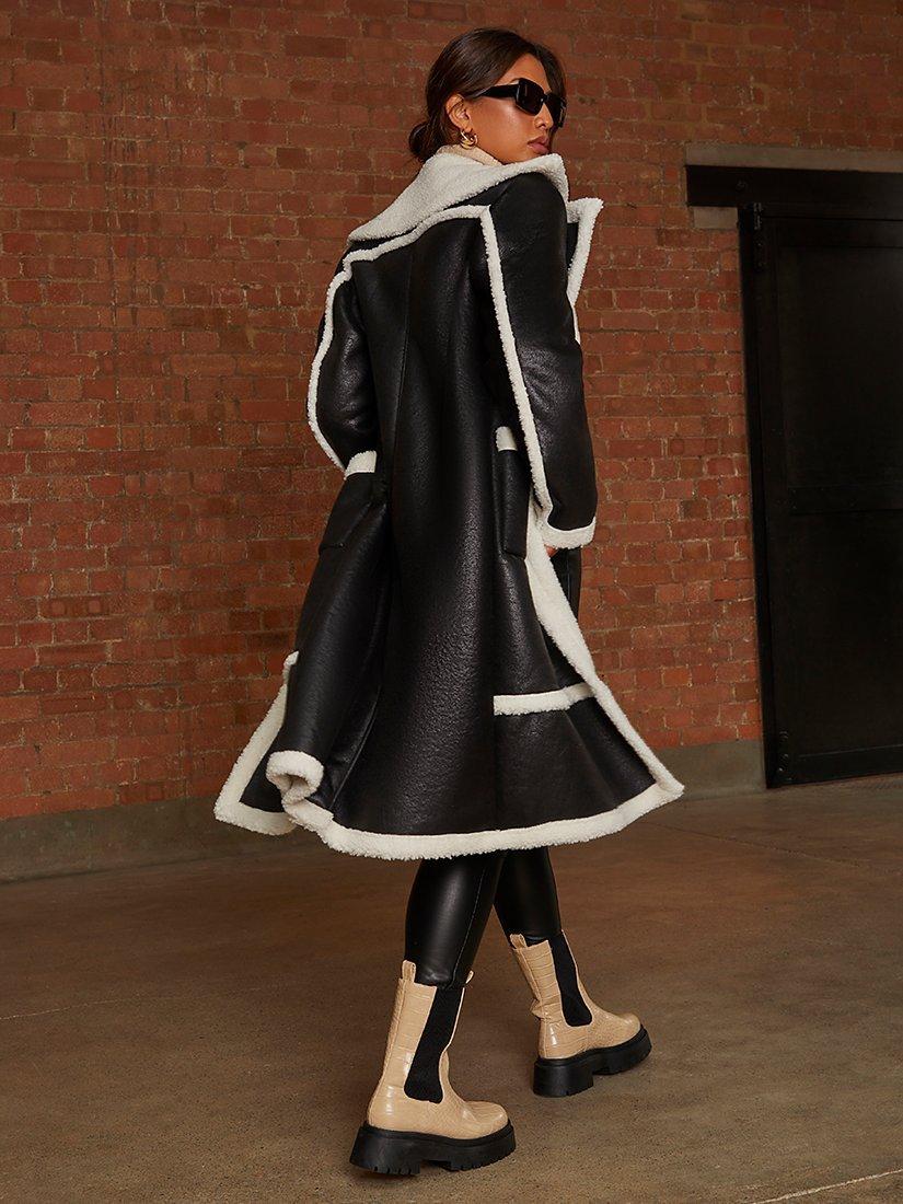 Product image 4 of 4, which shows Chi Chi London Contrast Shearling Coat, Black, 6