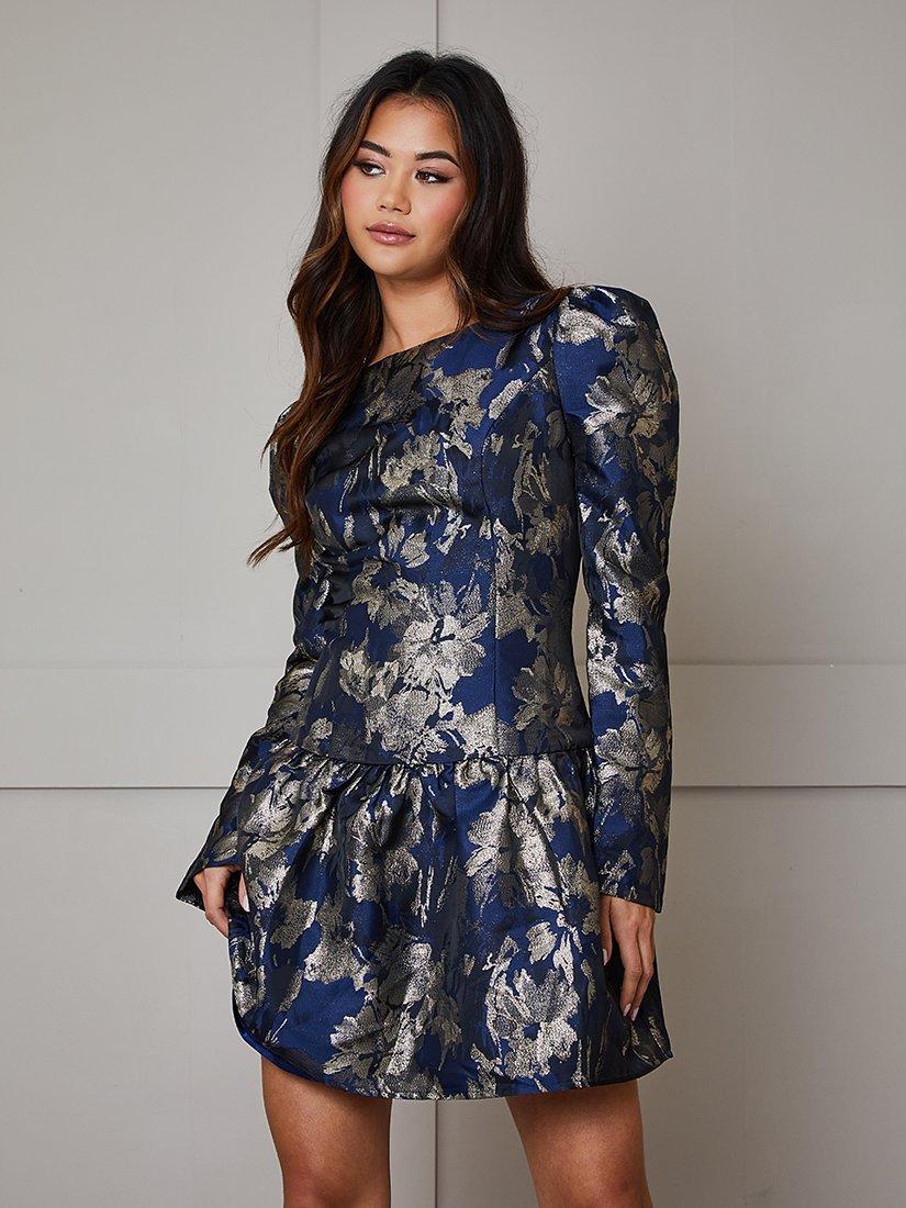 Product image 2 of 4, which shows Chi Chi London Jacquard Mini Dress, Navy, 14