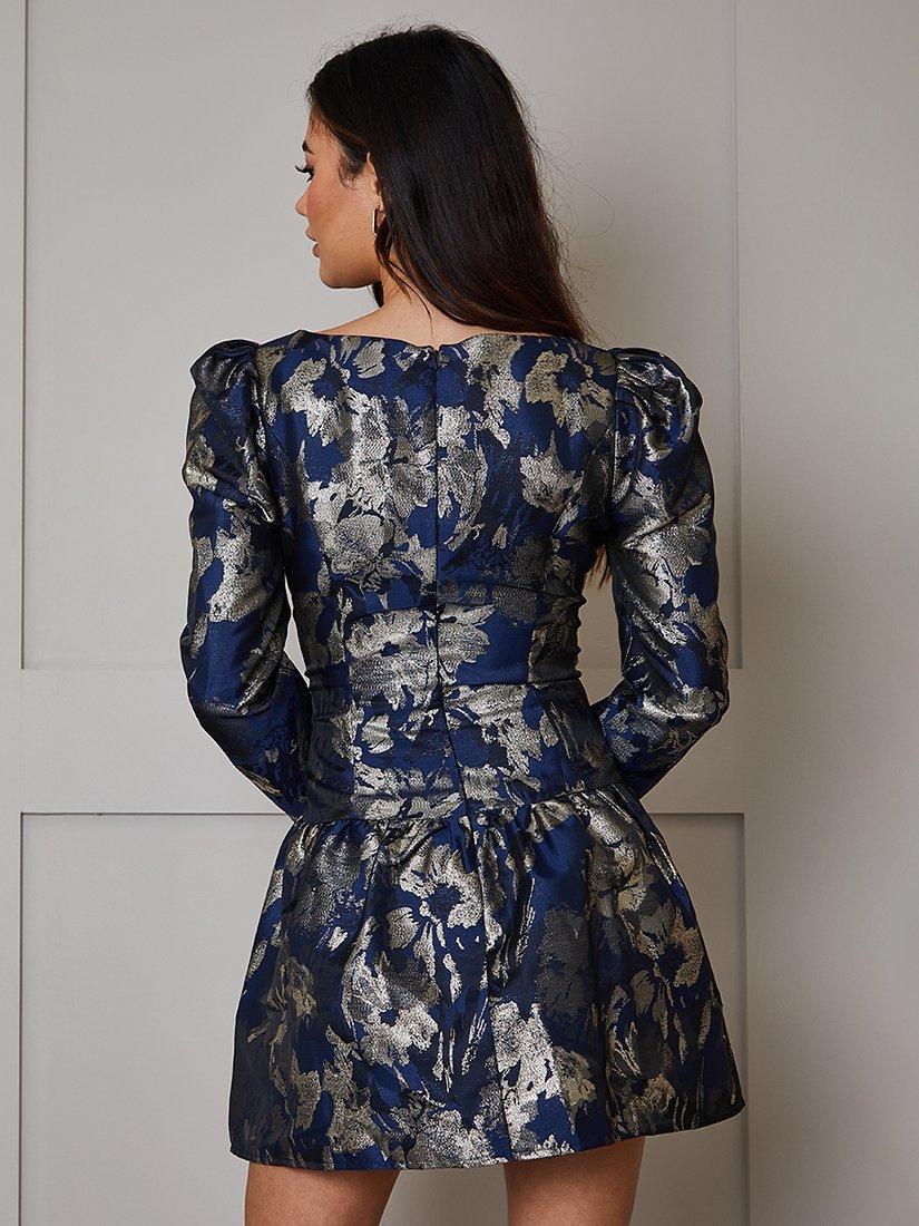 Product image 4 of 4, which shows Chi Chi London Jacquard Mini Dress, Navy, 14