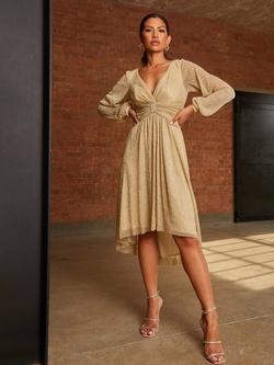 Chi Chi London Glitter Plisse V-Neck Dress, Gold, Gold