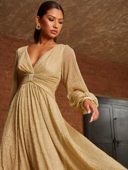 Chi Chi London Glitter Plisse V-Neck Dress, Gold - view 2, Gold