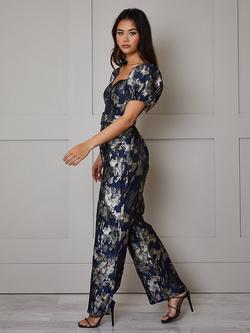 Chi Chi London Petite Jacquard Jumpsuit, Navy, Navy
