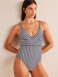 Boden Arezzo Stripe V-Neck Swimsuit, Navy/Ivory