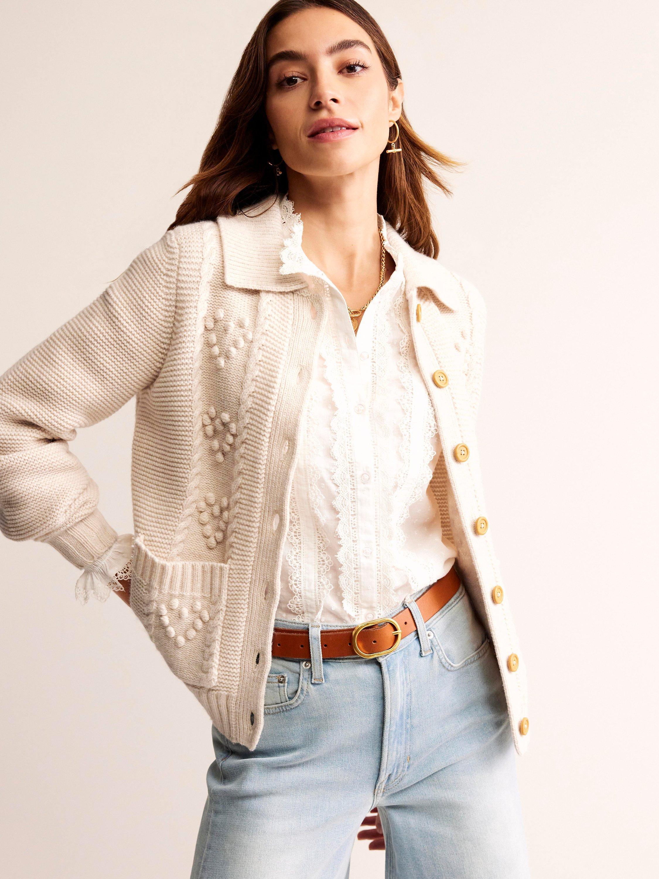 Boden Chunky Bobble Heart Cardigan, Ecru Marl