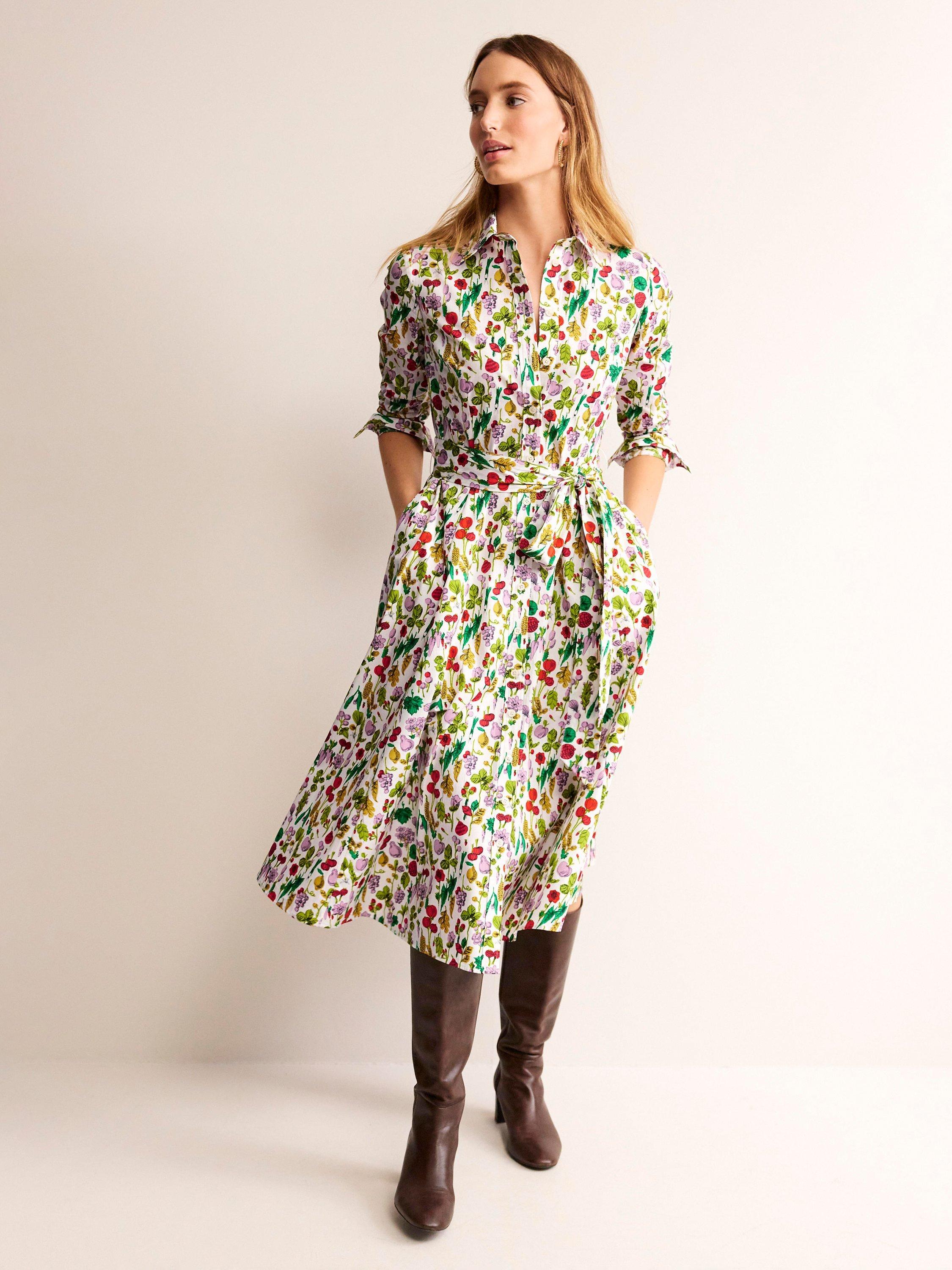 Boden Amy Cotton Floral Midi Dress Ivory Multi