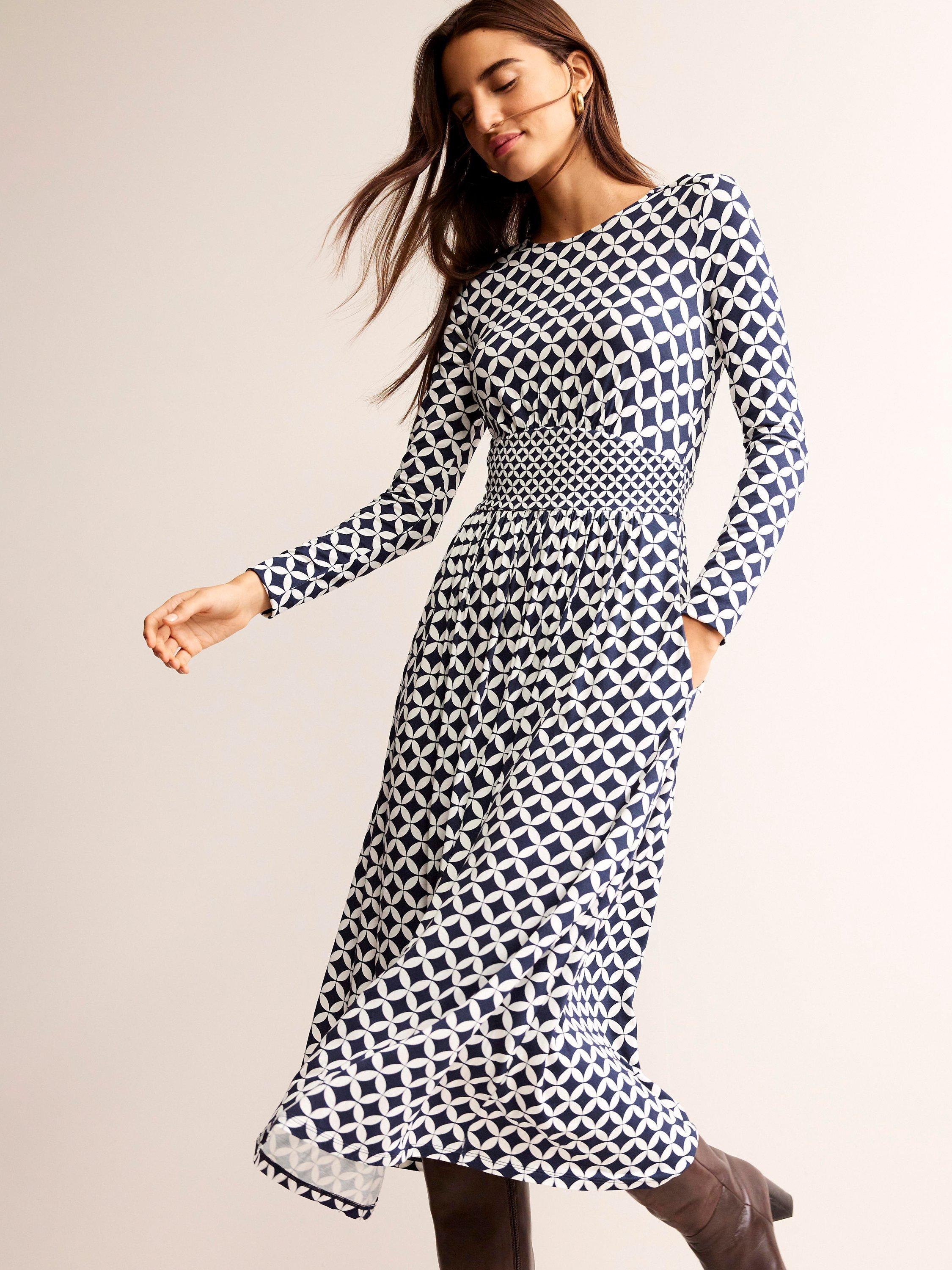 Boden Thea Geometric Long Sleeve Midi Dress Navy White