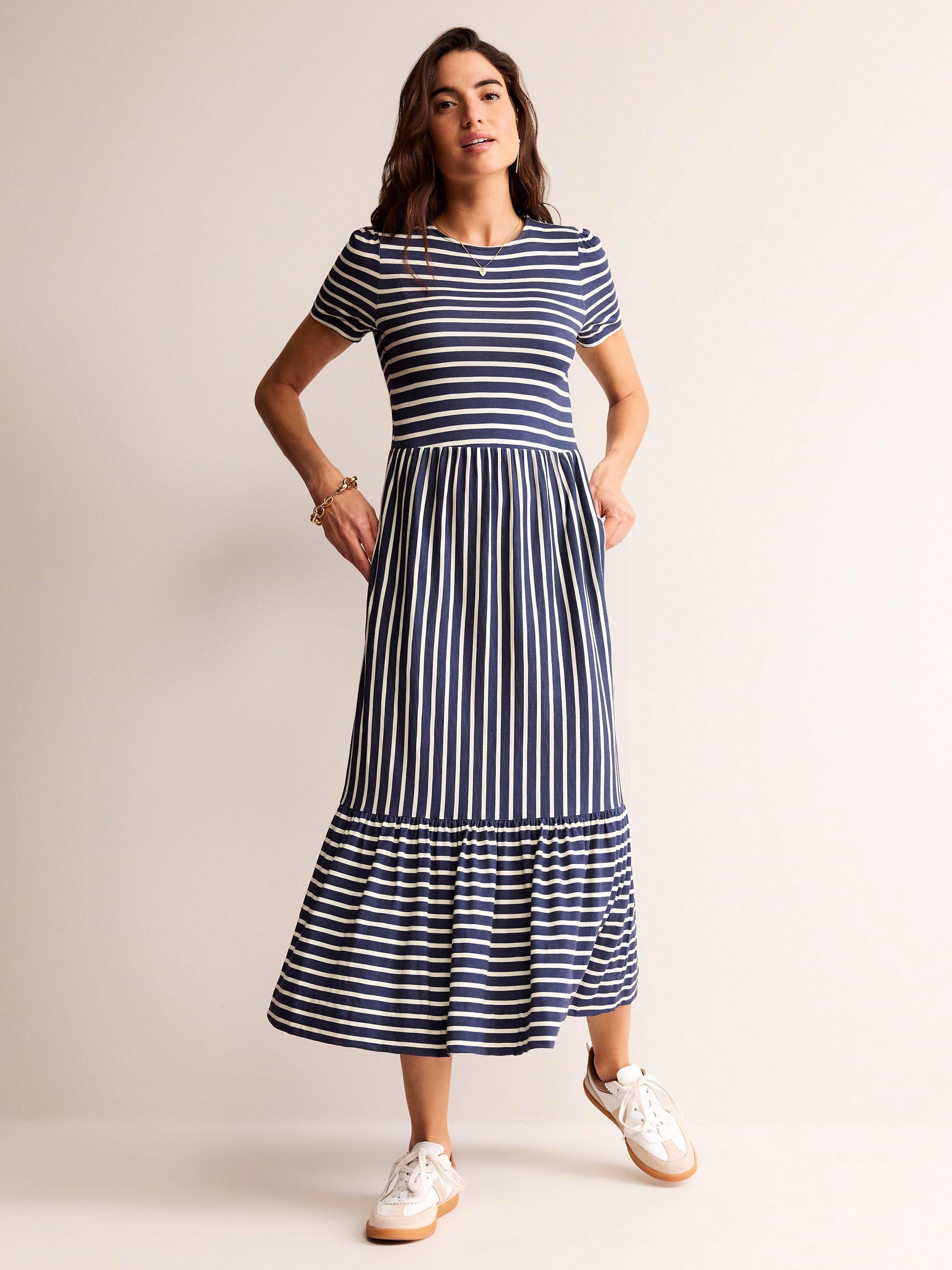 Boden Emma Stripe Tiered Midi Dress, Navy/Ivory