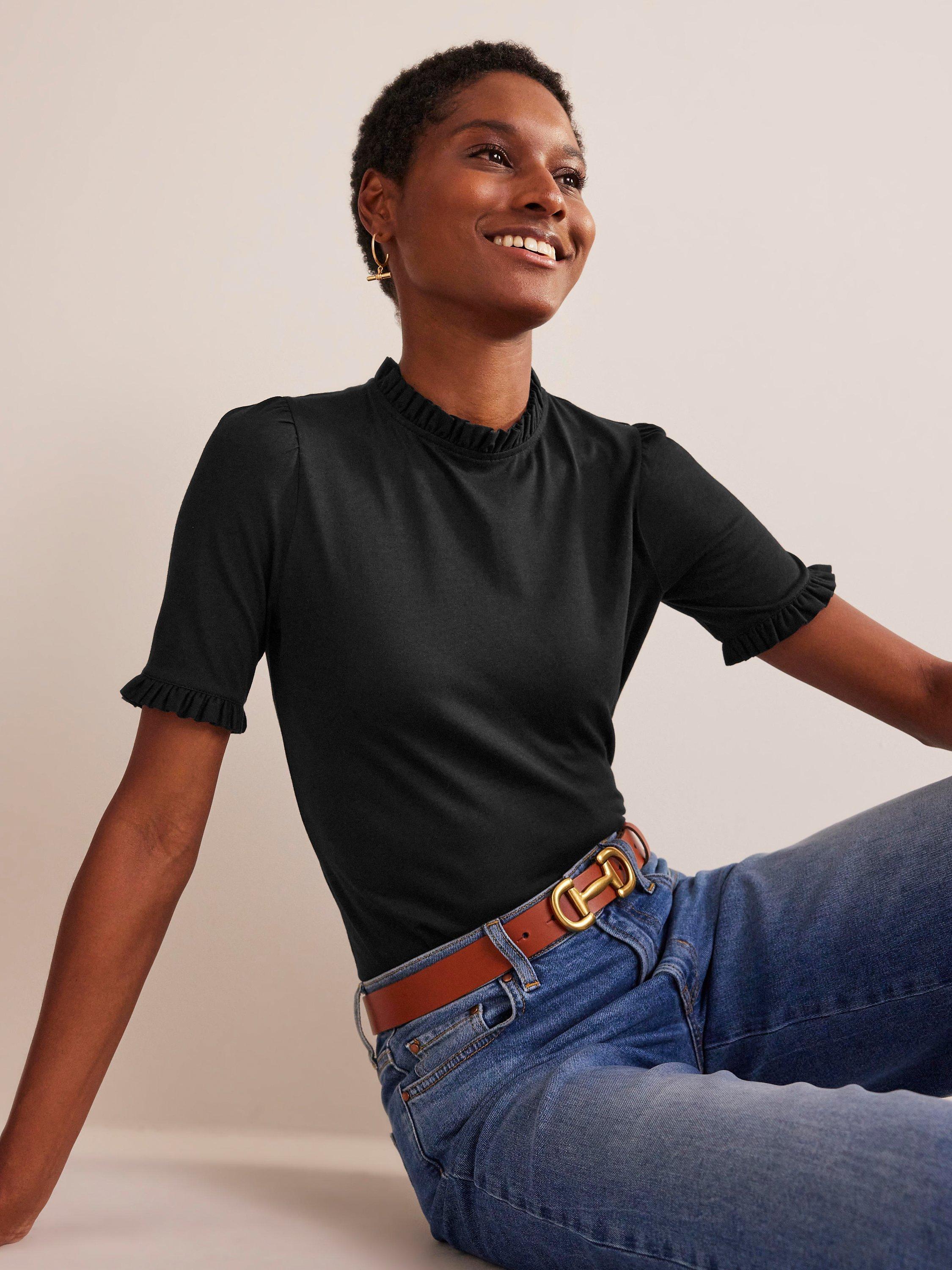 Boden Supersoft Frill Detail Short Sleeve Top, Black