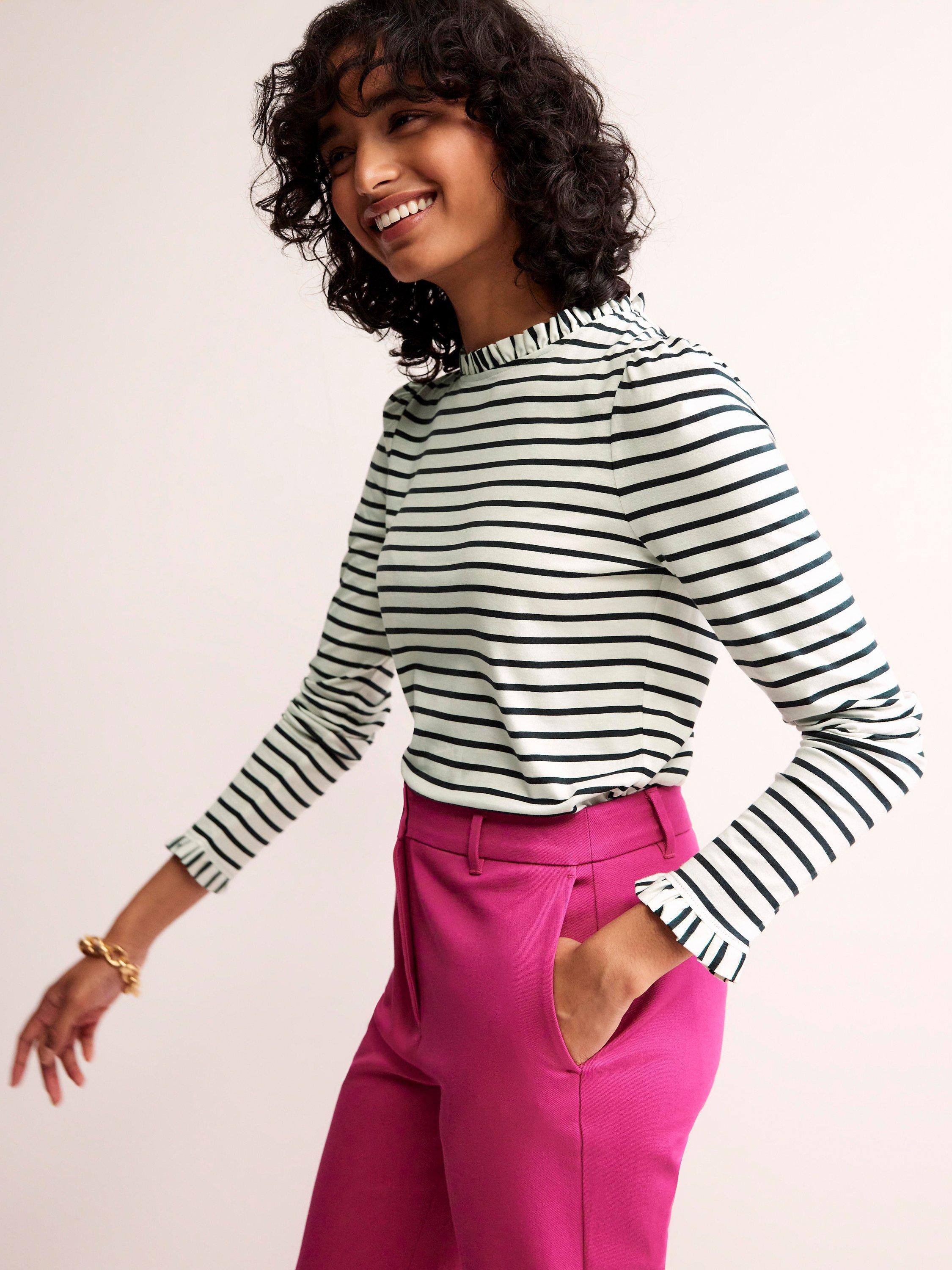 Boden Supersoft Frill Detail Striped Long Sleeve Top, Ivory/Navy