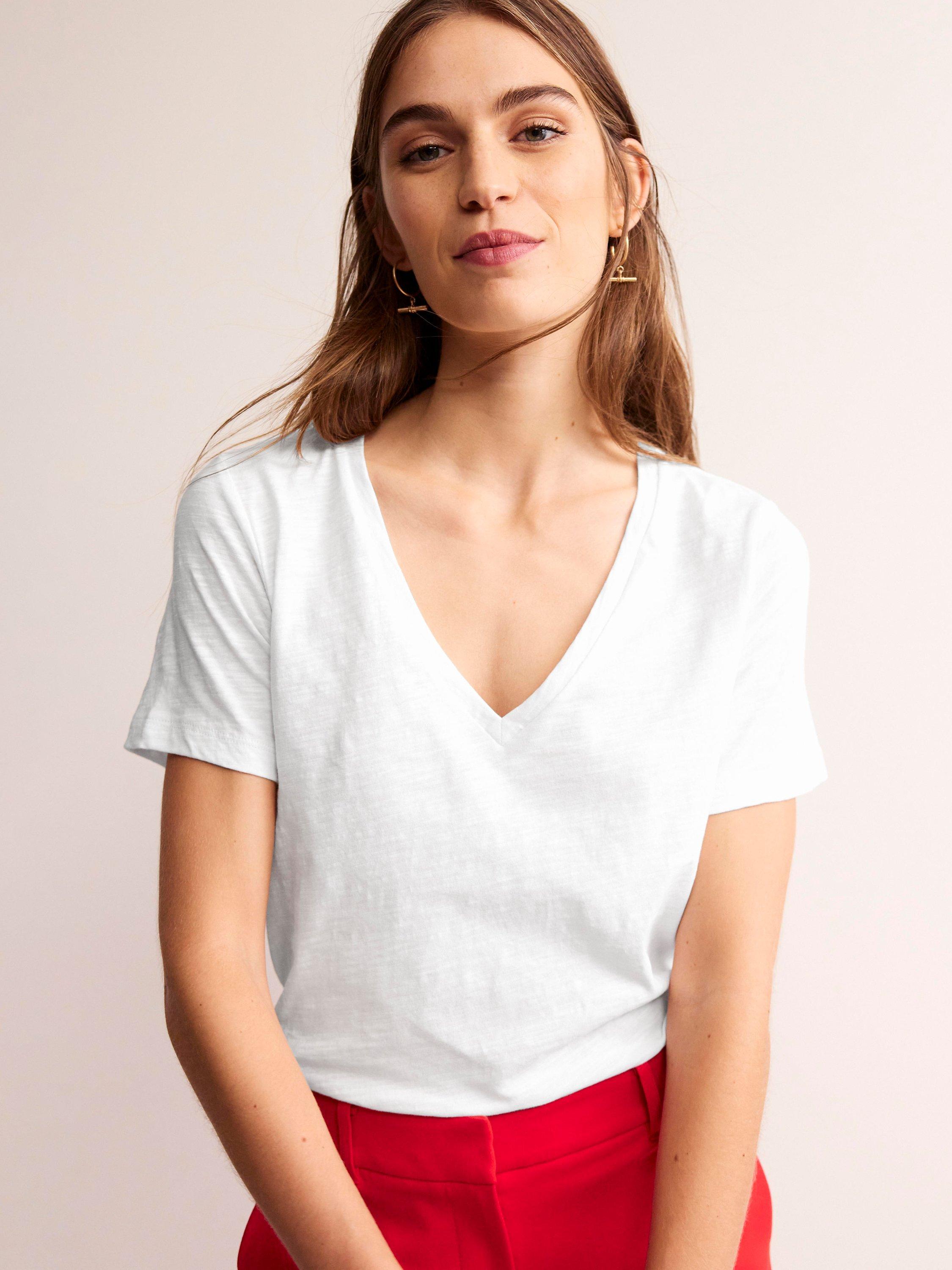 Boden Regular V-Neck Slub Cotton T-Shirt, White