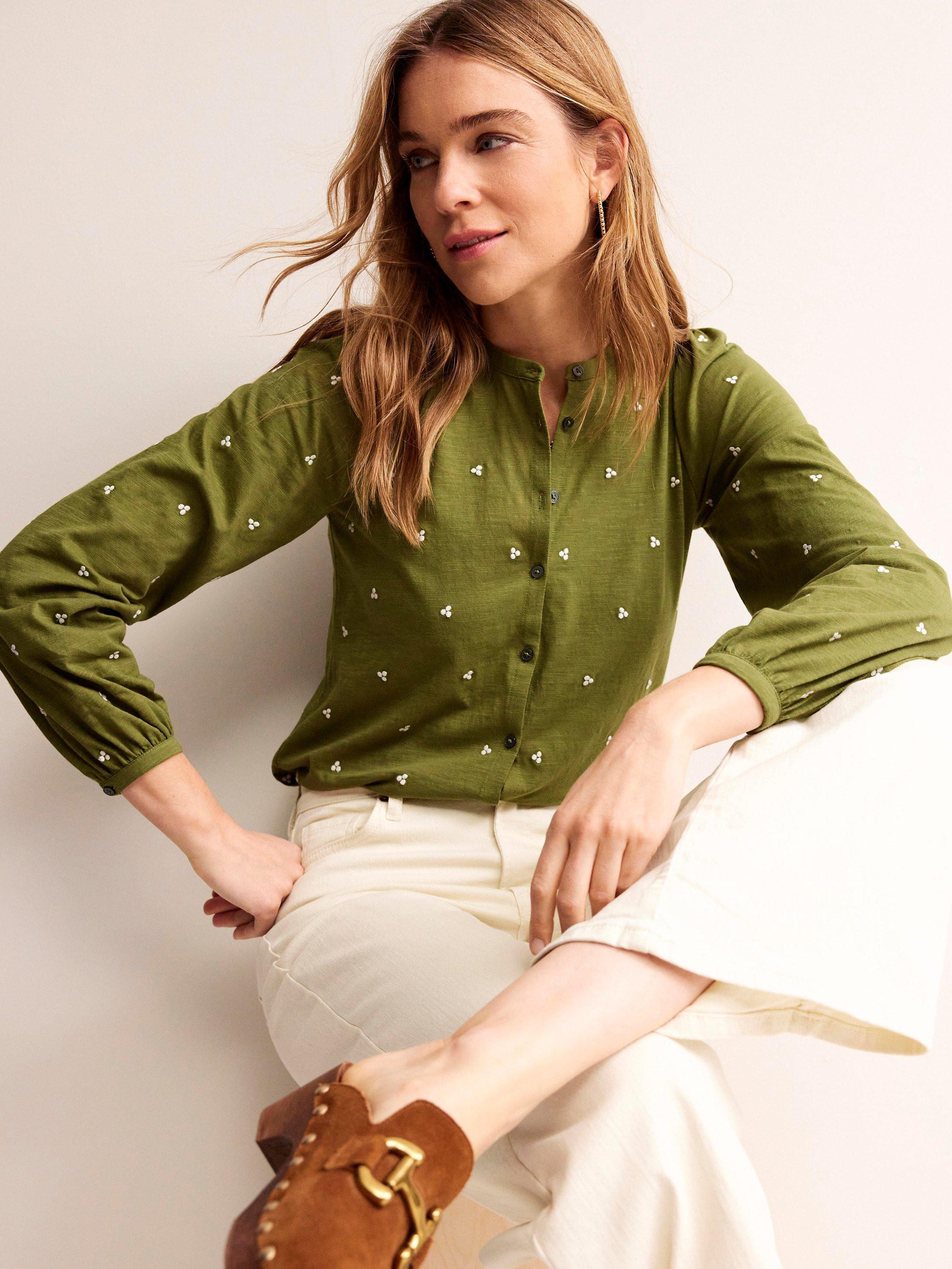 Boden Marina Embroidered Cotton Blouse, Mayfly