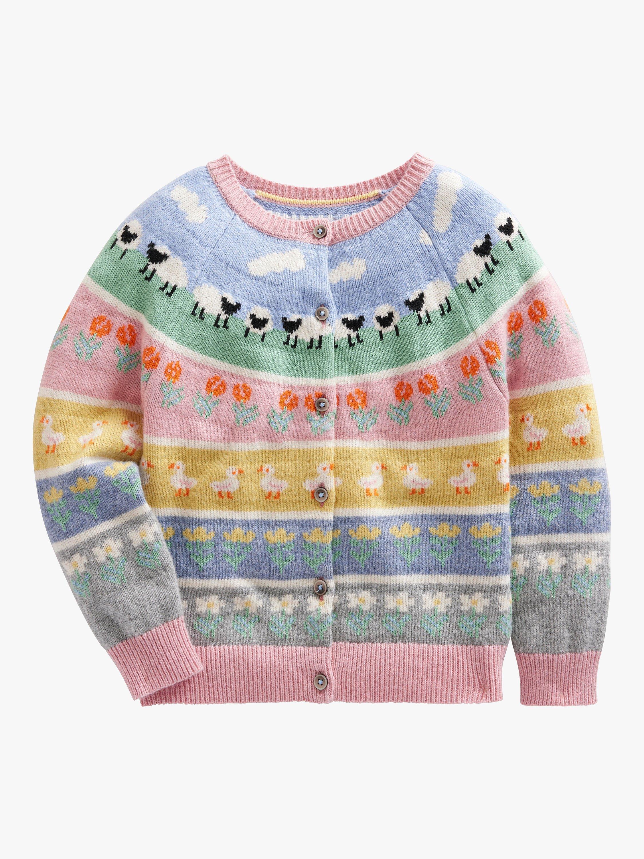 Mini Boden Kids' Fair Isle Easter Animals Cardigan, Pink/Multi
